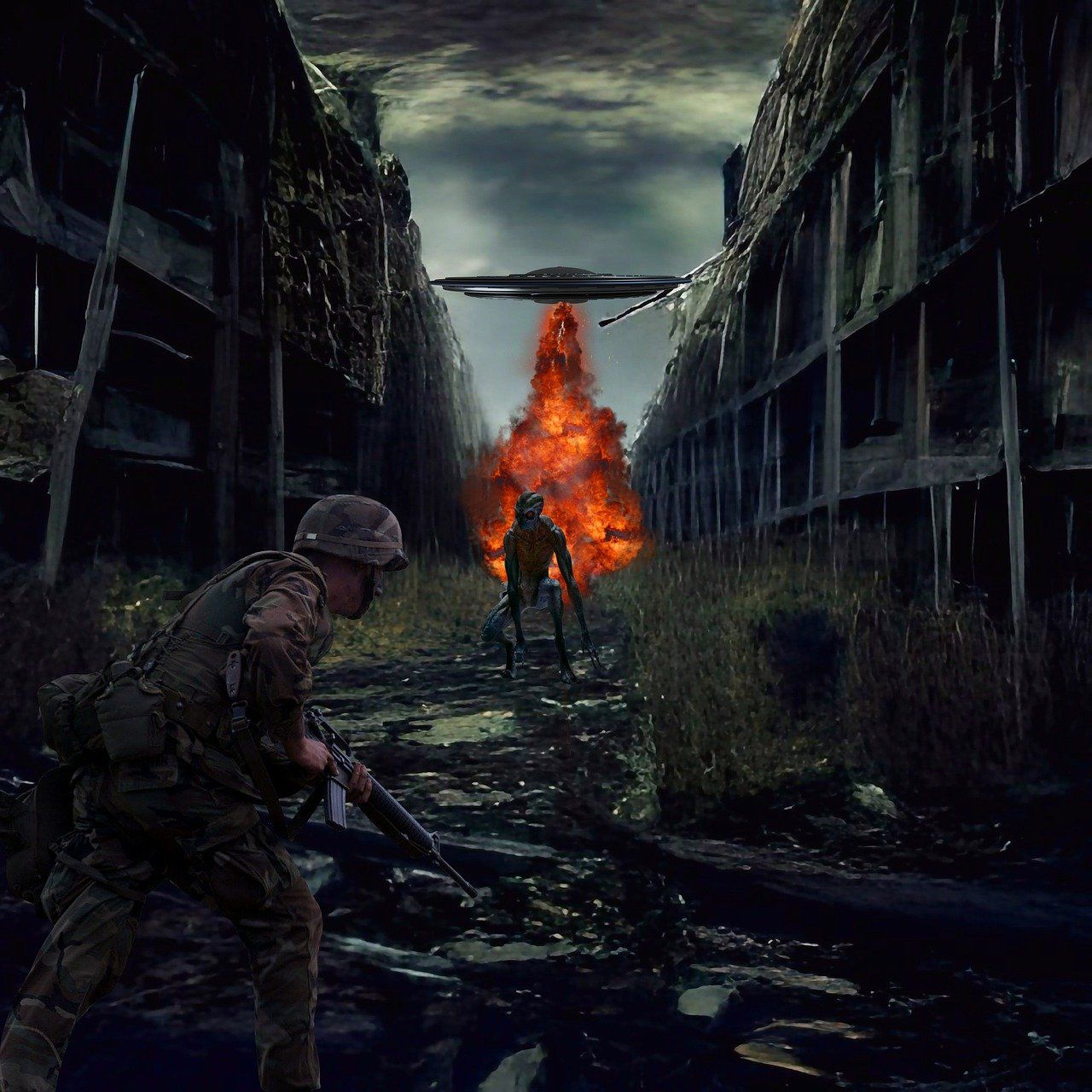 1280x1280 Download City, War, Alien. Royalty Free