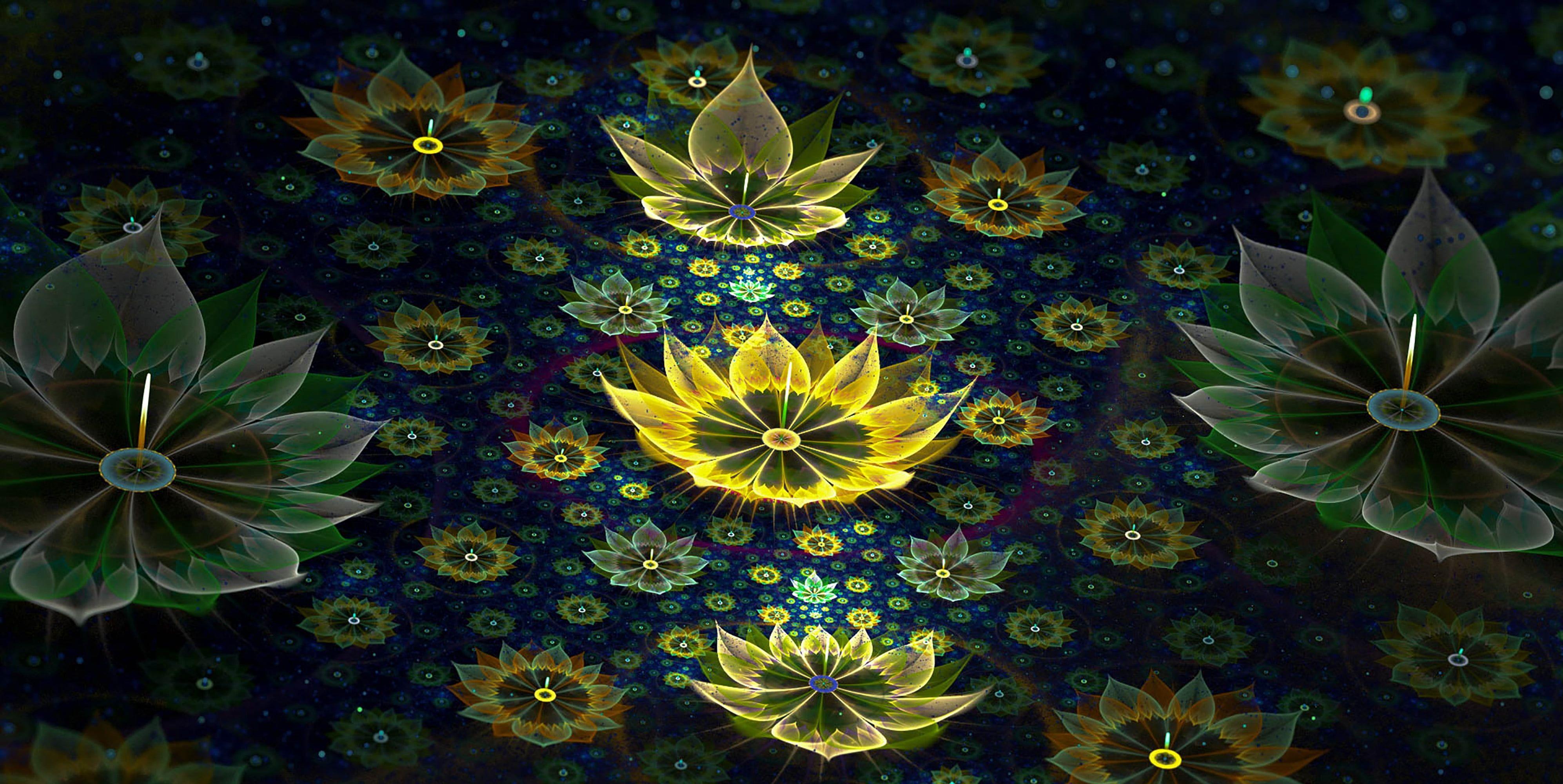 3987x2000 Green and yellow mandala HD wallpaper