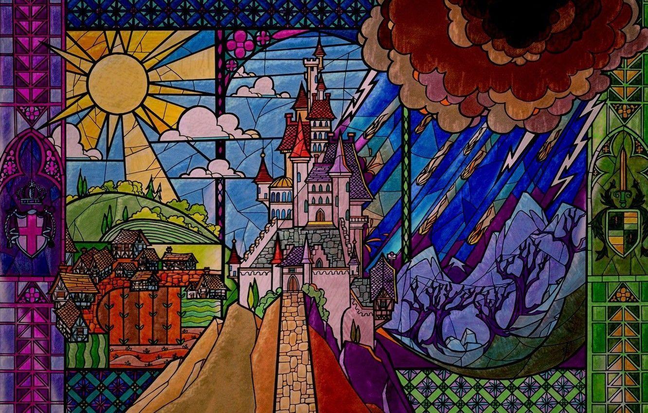 1332x850 Wallpaper castle, beauty, tale, stained glass, disney