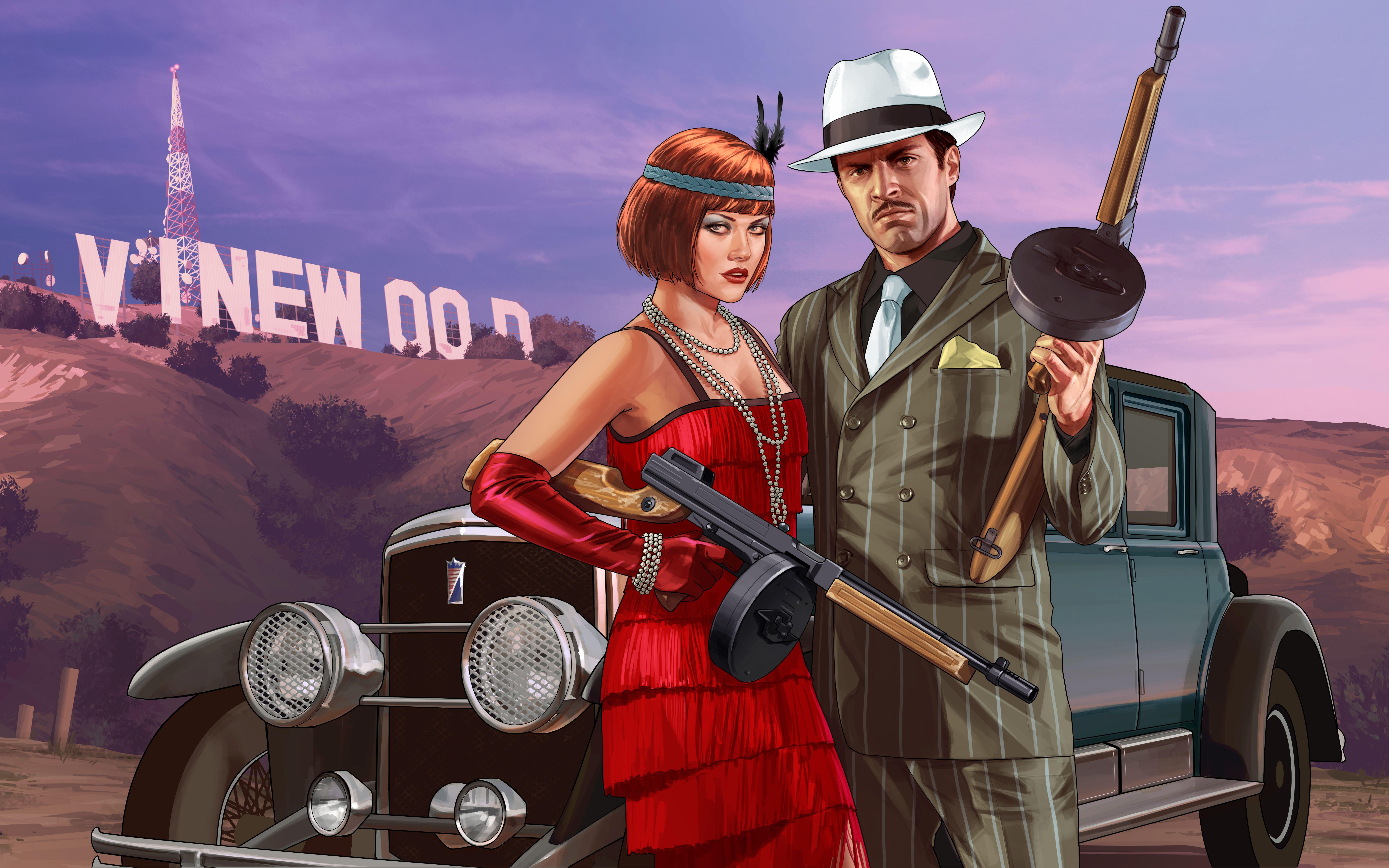 8640x5400 Desktop Wallpaper GTA 5 Redhead girl Man Assault rifle 2