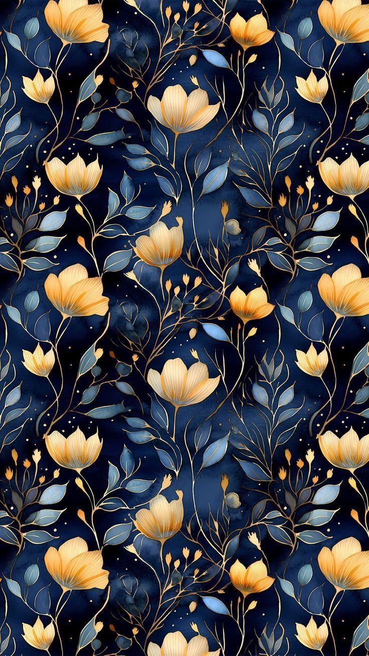 736x1308 Dark Blue and Gold Coquette Wallpaper