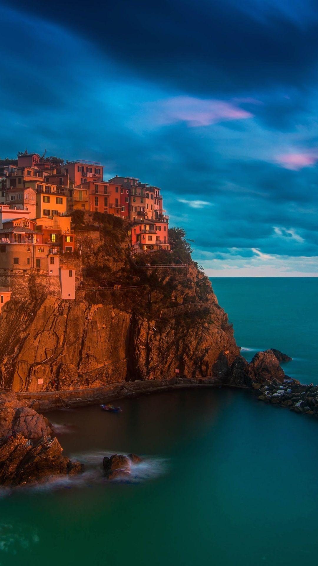 1080x1920 Italy, Manarola, Cinque Terre, sea, night, lights 1080x1920