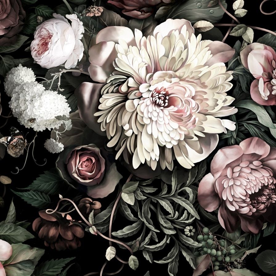 896x896 Dark Floral II Wallpaper. Black Floral