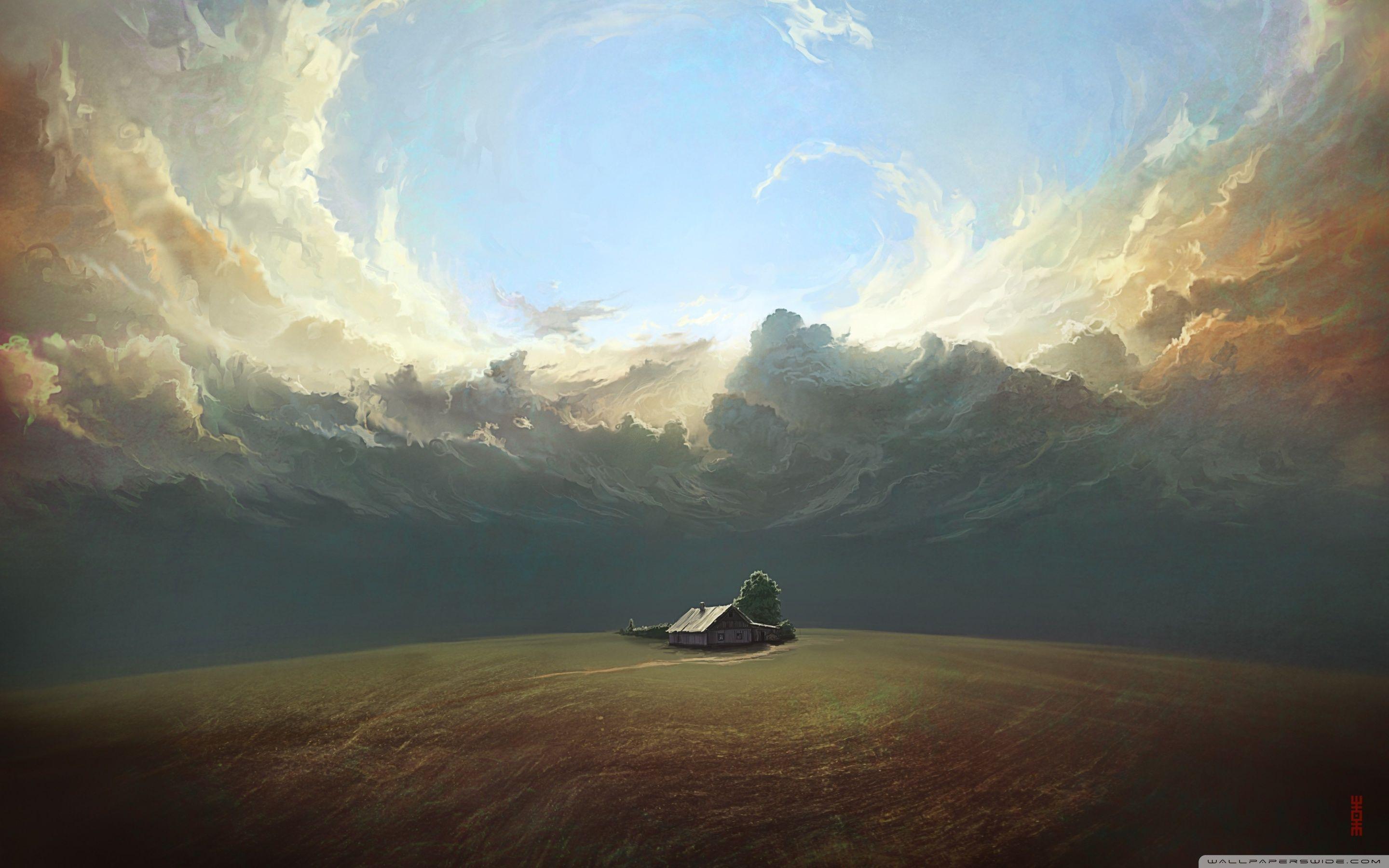 2880x1800 House, Field, Landscape Painting ❤ 4K HD Desktop Wallpaper