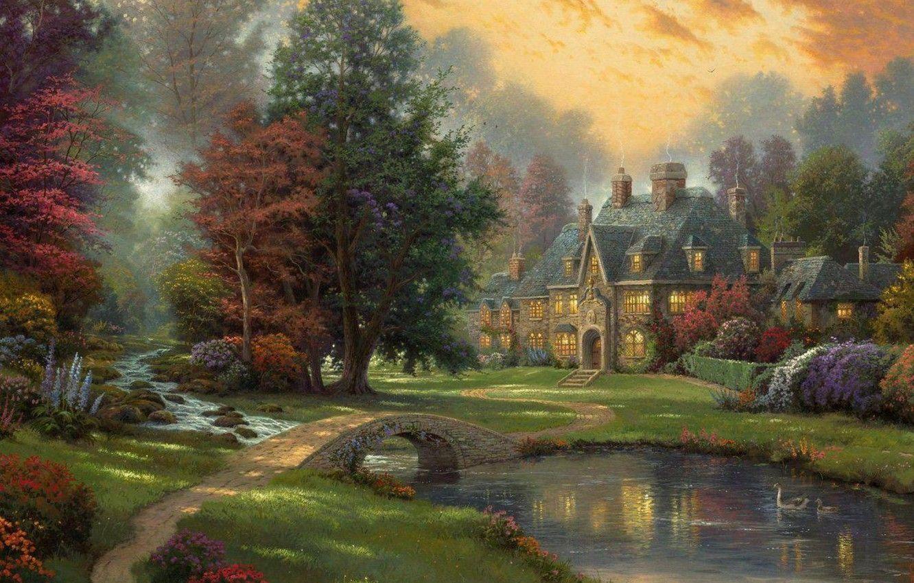 1332x850 Wallpaper trees, sunset, duck, river, Landscape, painting