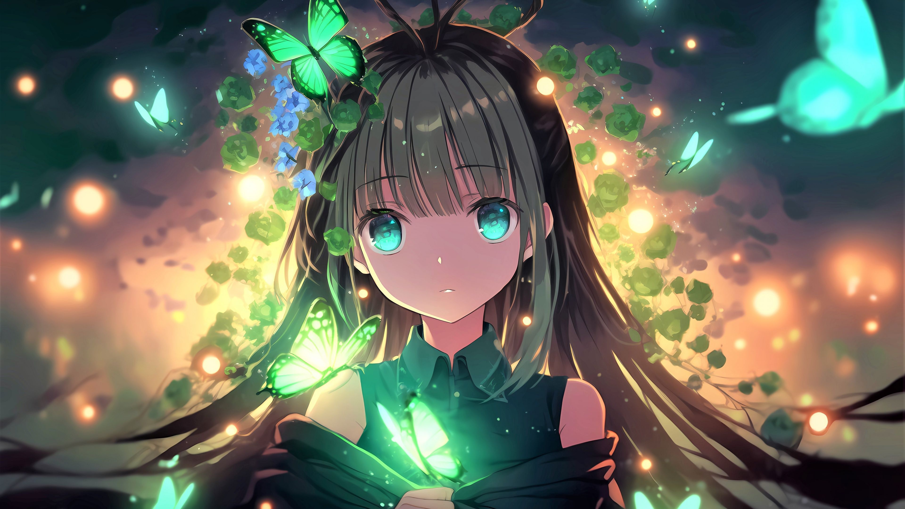 3840x2160 Anime girl Wallpaper 4K, Green eyes, Girly background