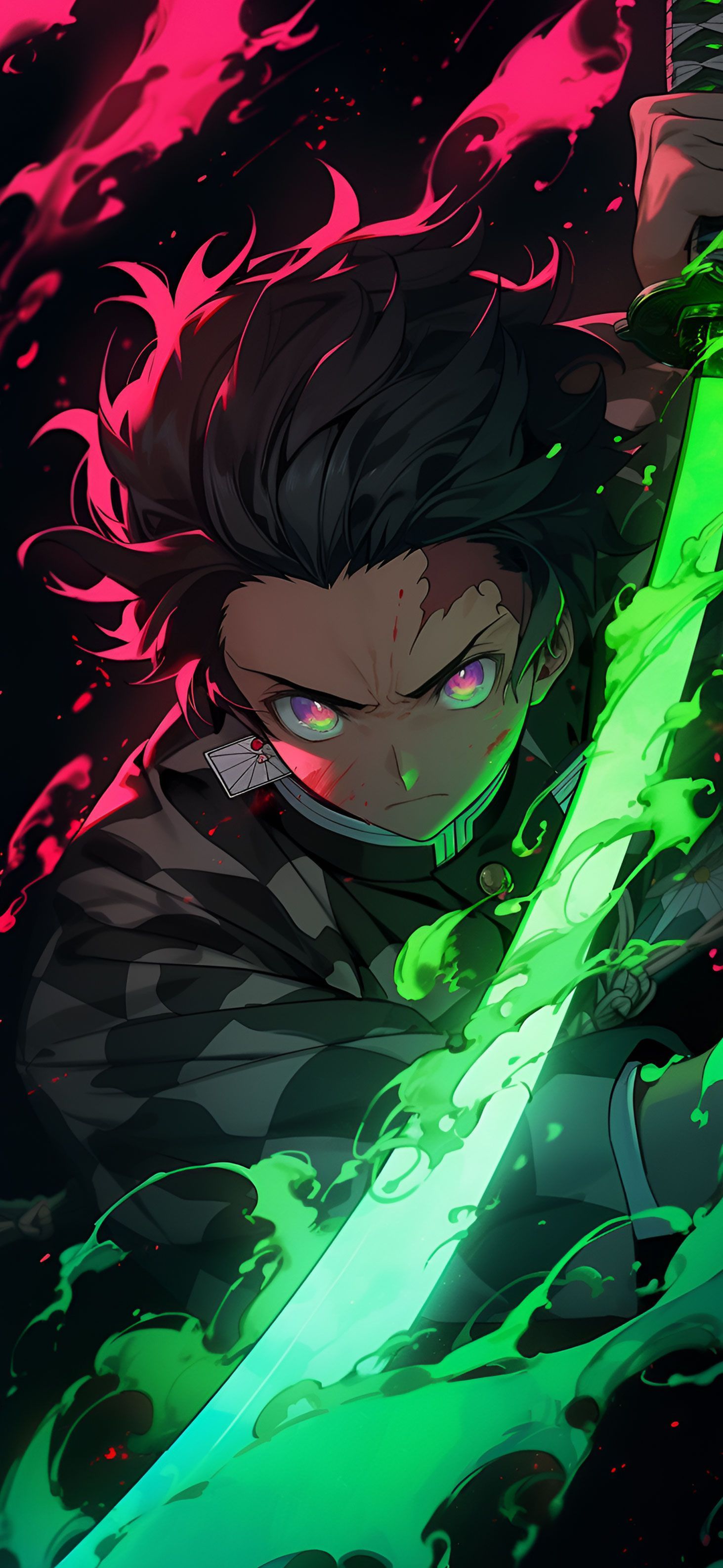 1463x3171 Tanjiro with Green Neon Anime Wallpaper Slayer Wallpaper
