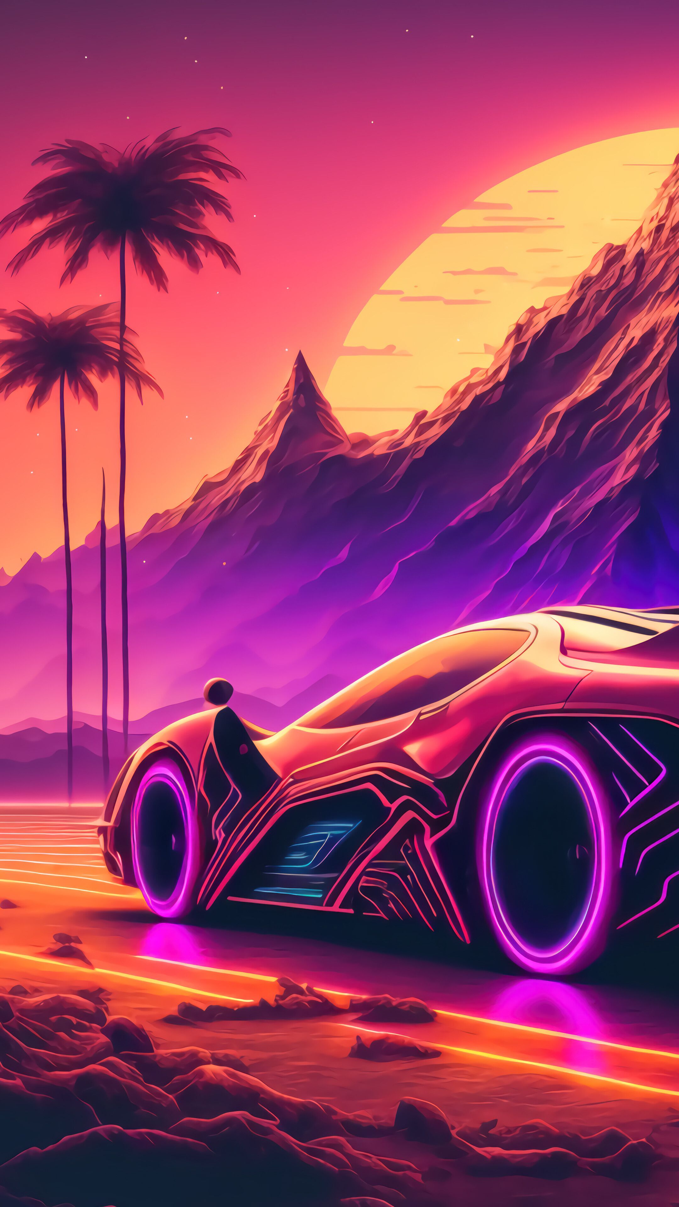 2160x3840 Sports Car Futuristic Mountain Sunset