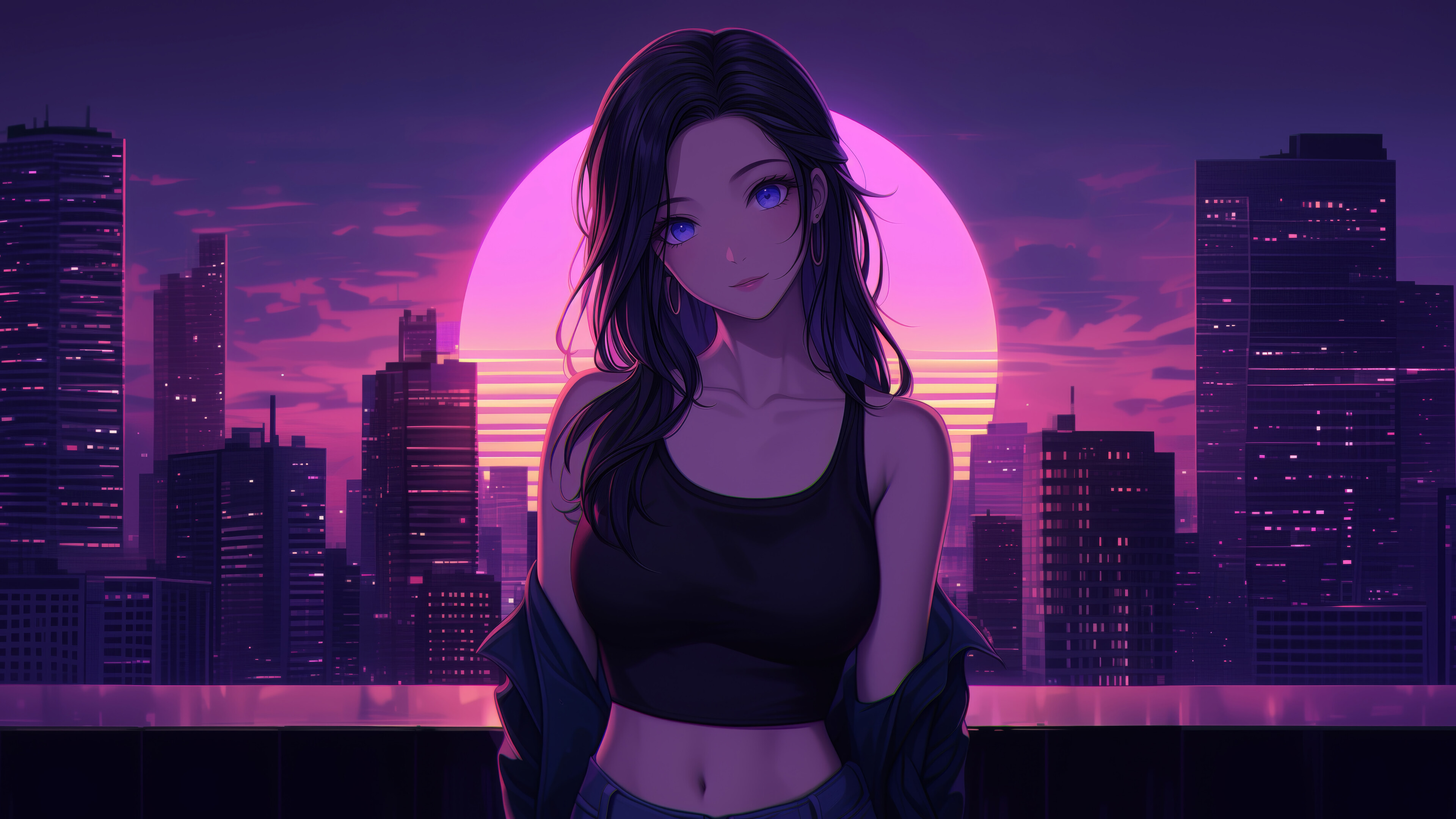 3840x2160 Anime Girl Synthwave City Wallpaper 4K
