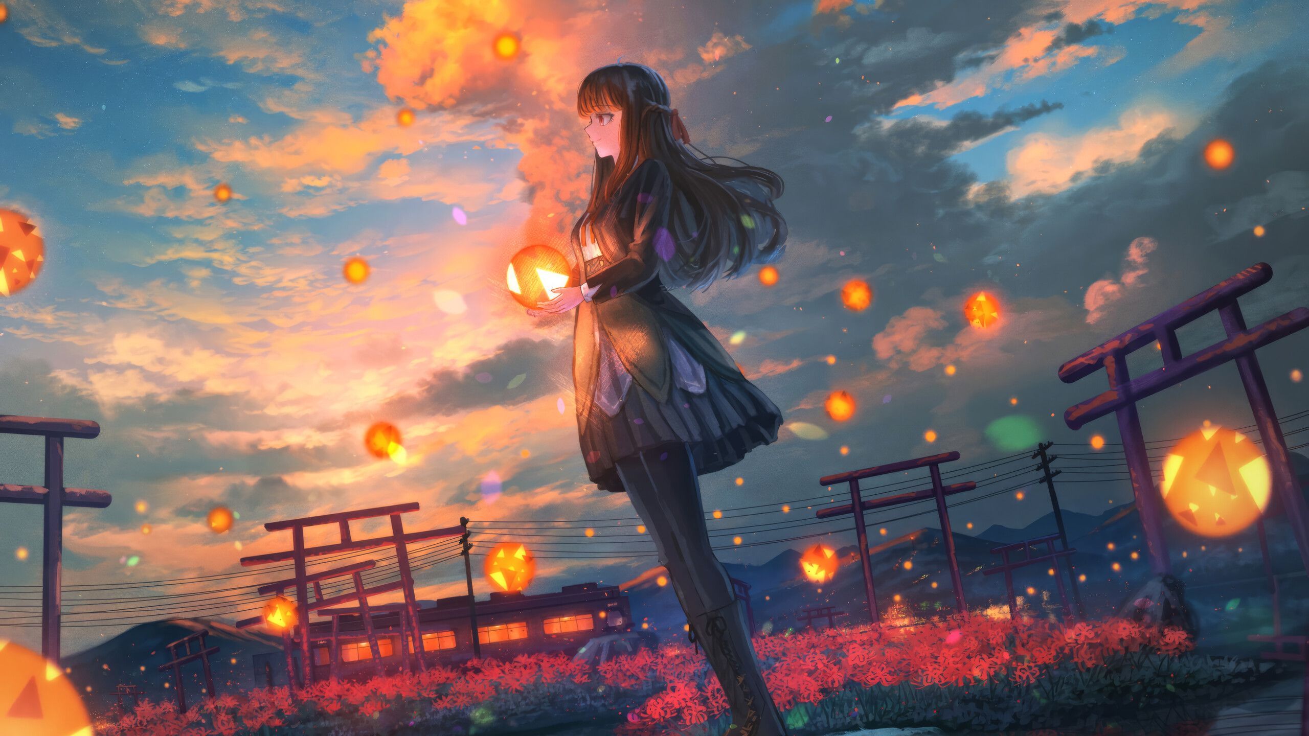 2560x1440 Anime Girl Sunset 4K Wallpaper iPhone