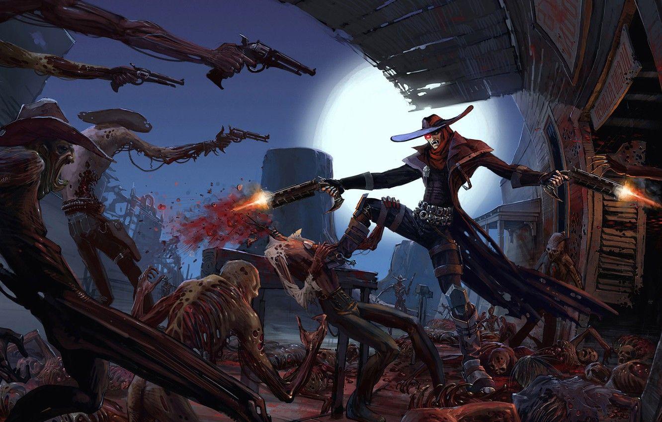 1332x850 Wallpaper the moon, zombies, meat, cowboy, revolver, corpses, West