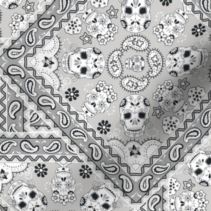 900x900 Skull Bandana Mexican design in shades of grey. Available