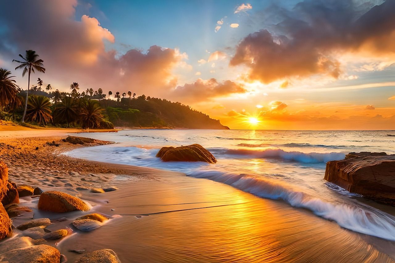 1280x853 Download Sunset, Beach, Sea. Royalty