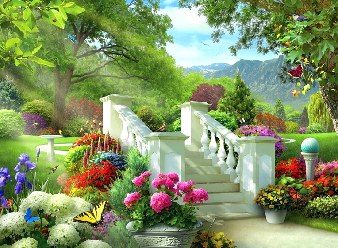 1440x1055 garden with flowers and a staircase