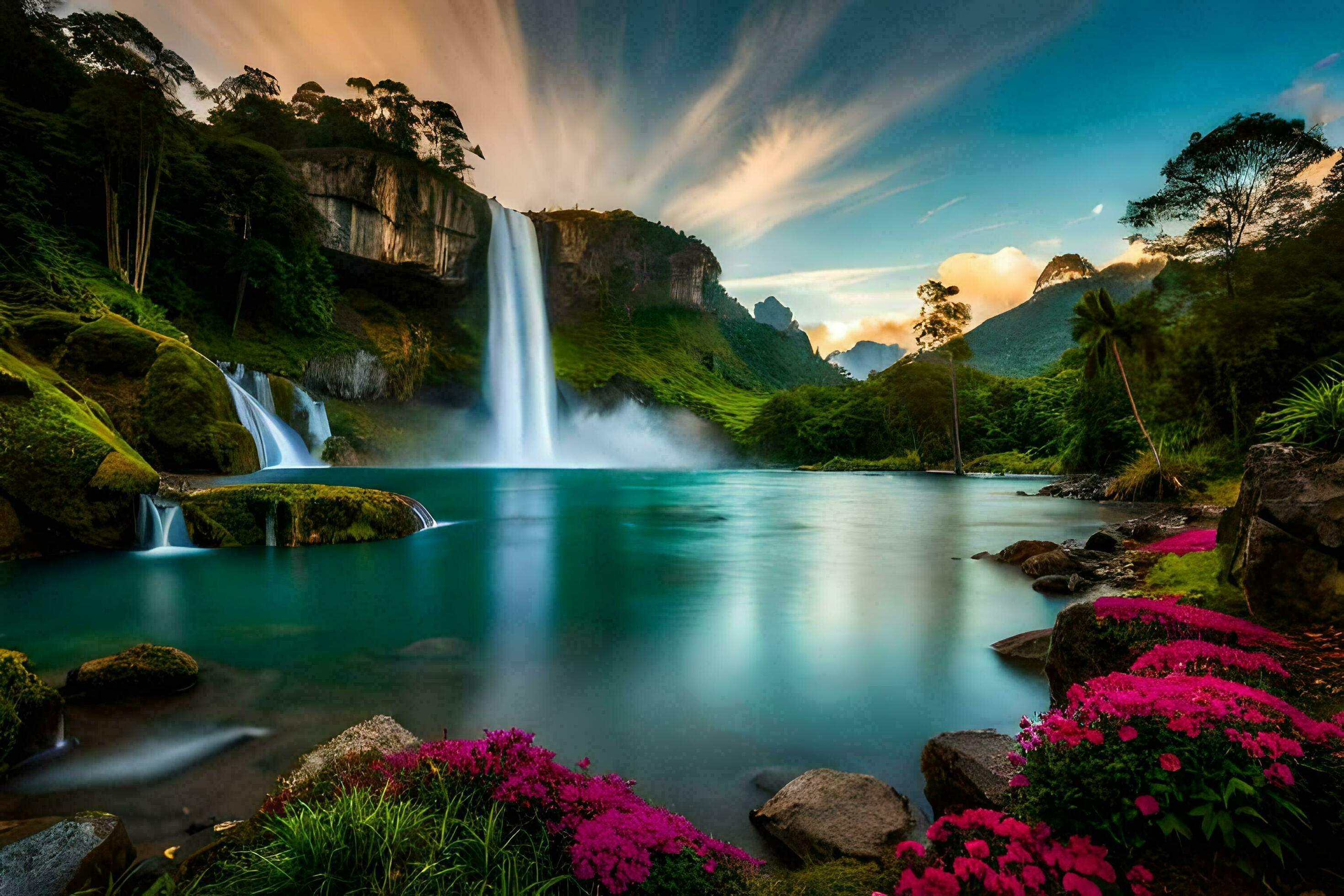2940x1960 wallpaper, nature, waterfall, flowers