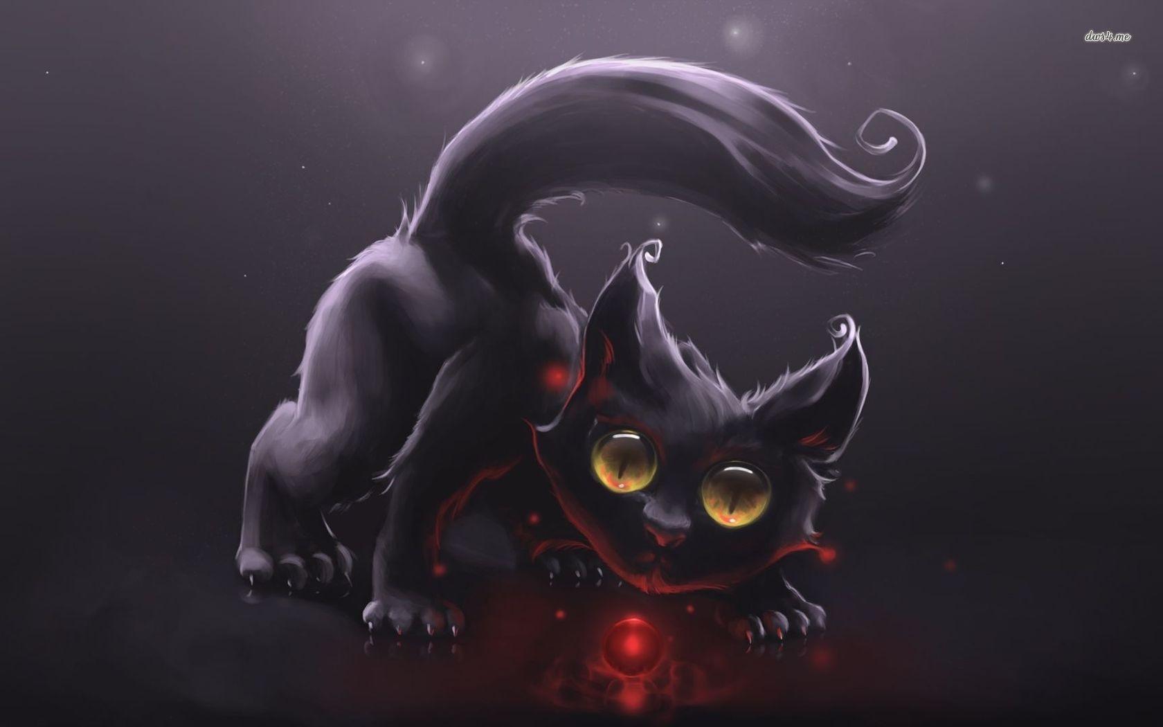 1680x1050 Cute black cat playing with a red orb wallpaper