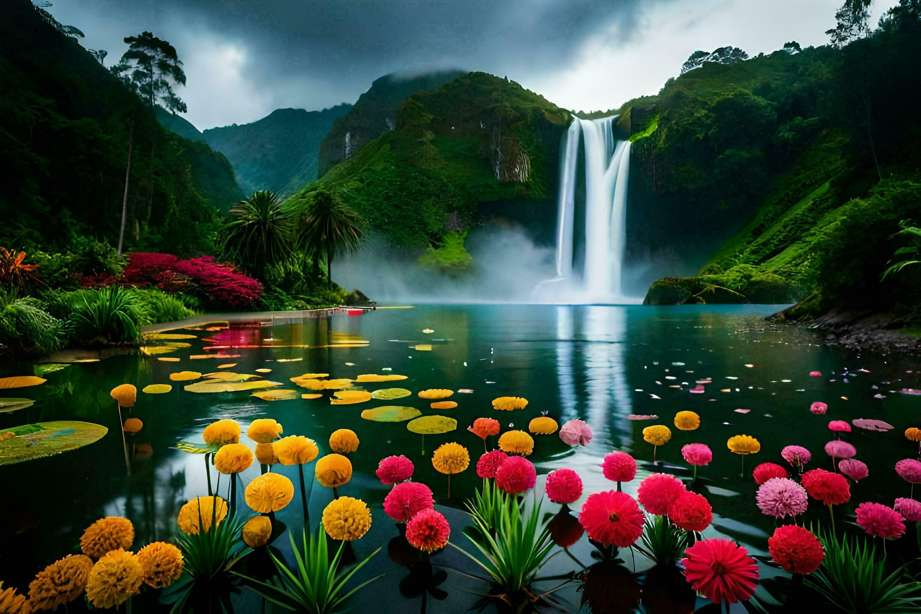 2940x1960 beautiful waterfall, flowers, water