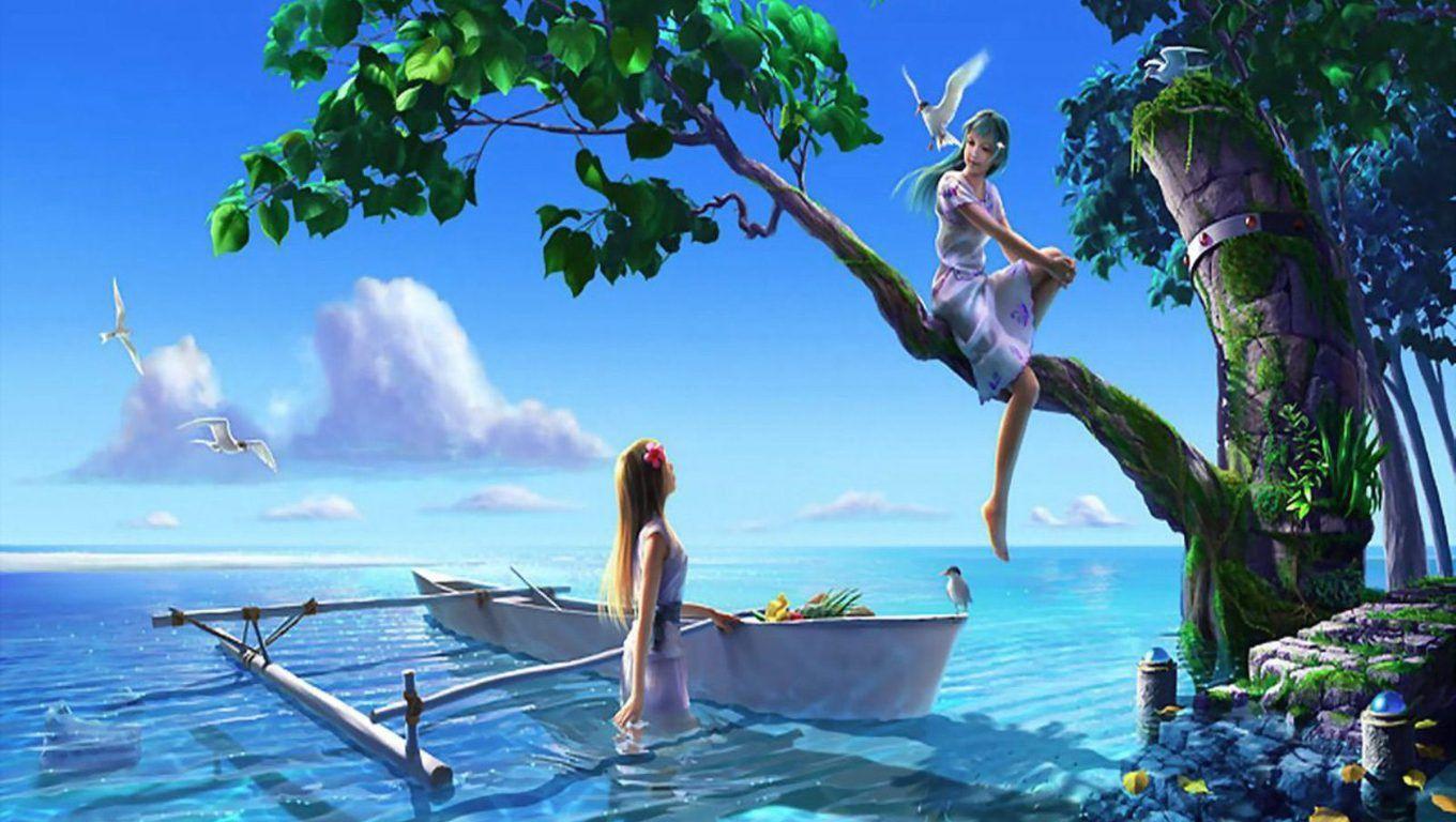 1360x768 Boat In Paradise Beach Wallpaper HD Desktop