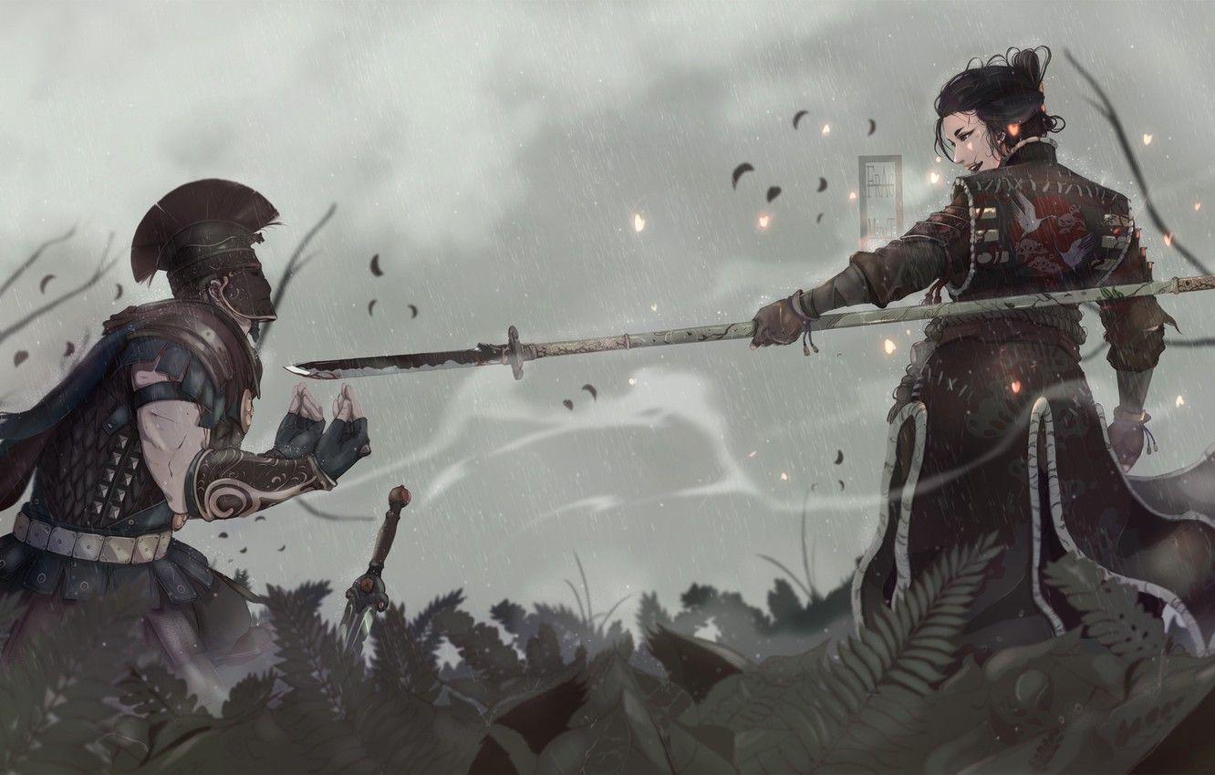 1332x850 Wallpaper sword, fantasy, soldier, rain, armor, samurai