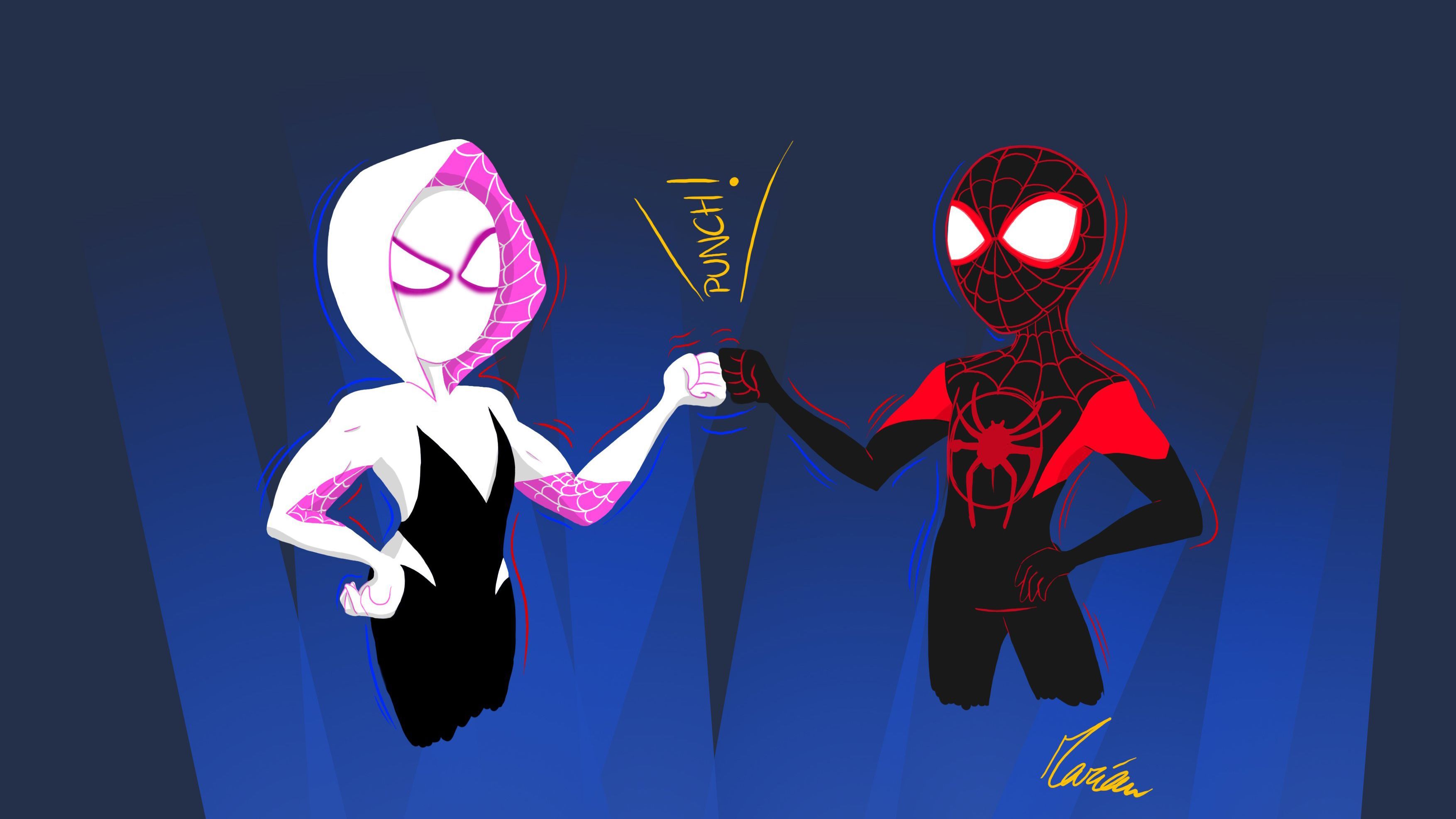 3508x1973 Spiderman And Gwen Punch Art Wallpaper, HD Superheroes Wallpaper, 4k Wallpaper, Image, Background, Photos and Picture