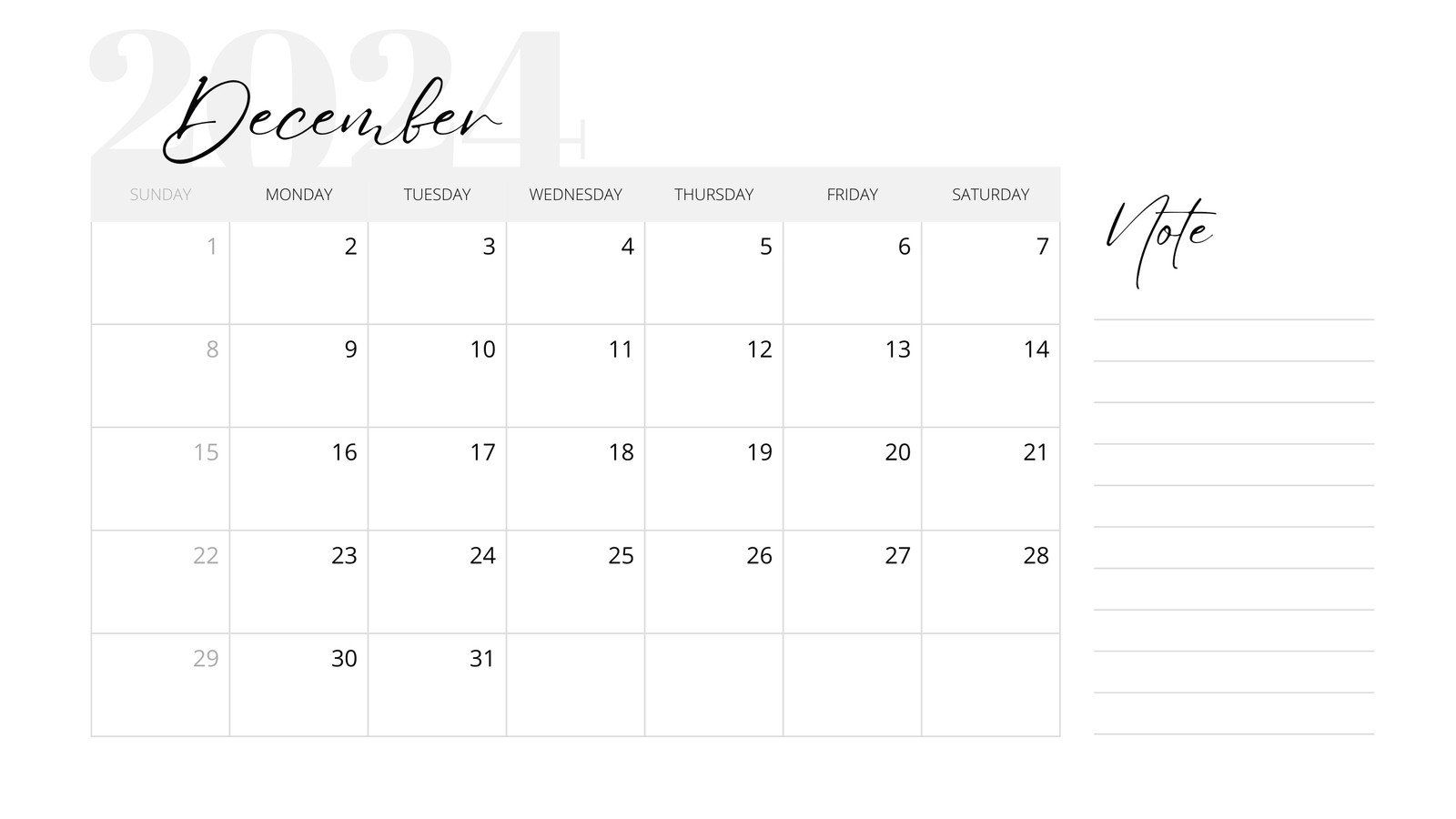 1600x900 Free, printable December 2024 calendar