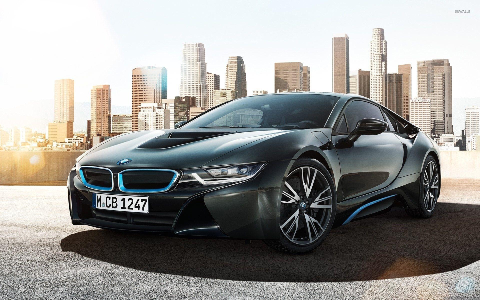 1920x1200 Front side view of a BMW i8 in the city wallpaper