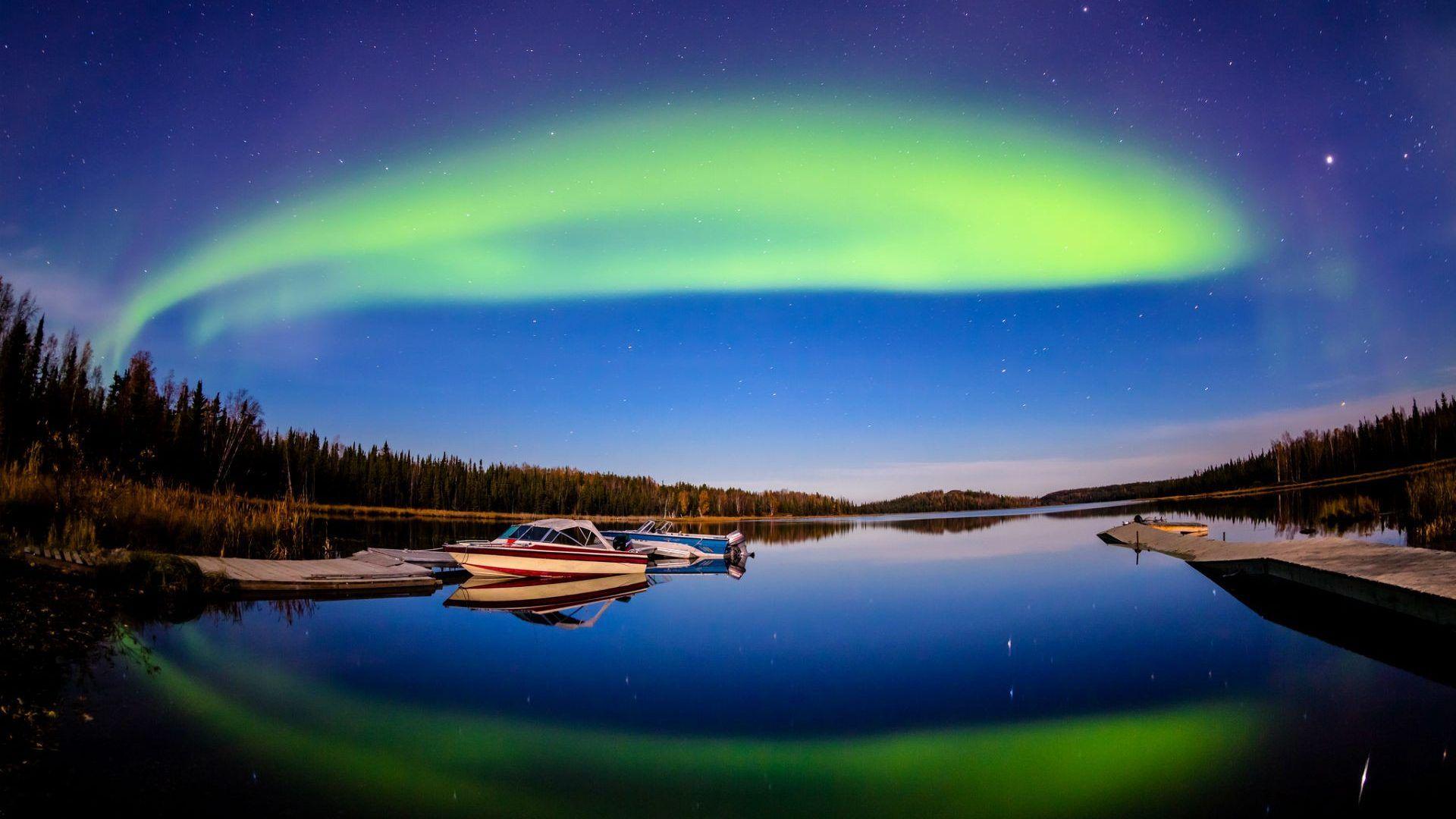 1920x1080 Forces of Nature: Lake Lights Borealis Photography Reflection Boats