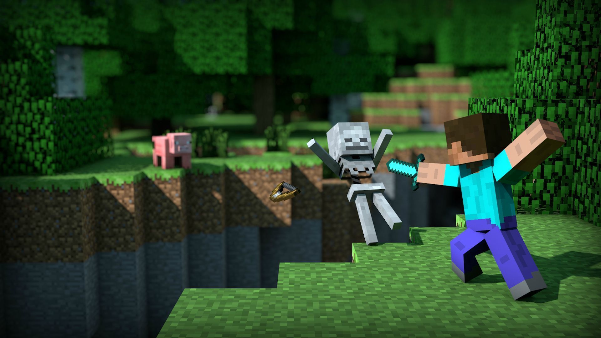 1920x1080 Steve pushing a skeleton into a ravine