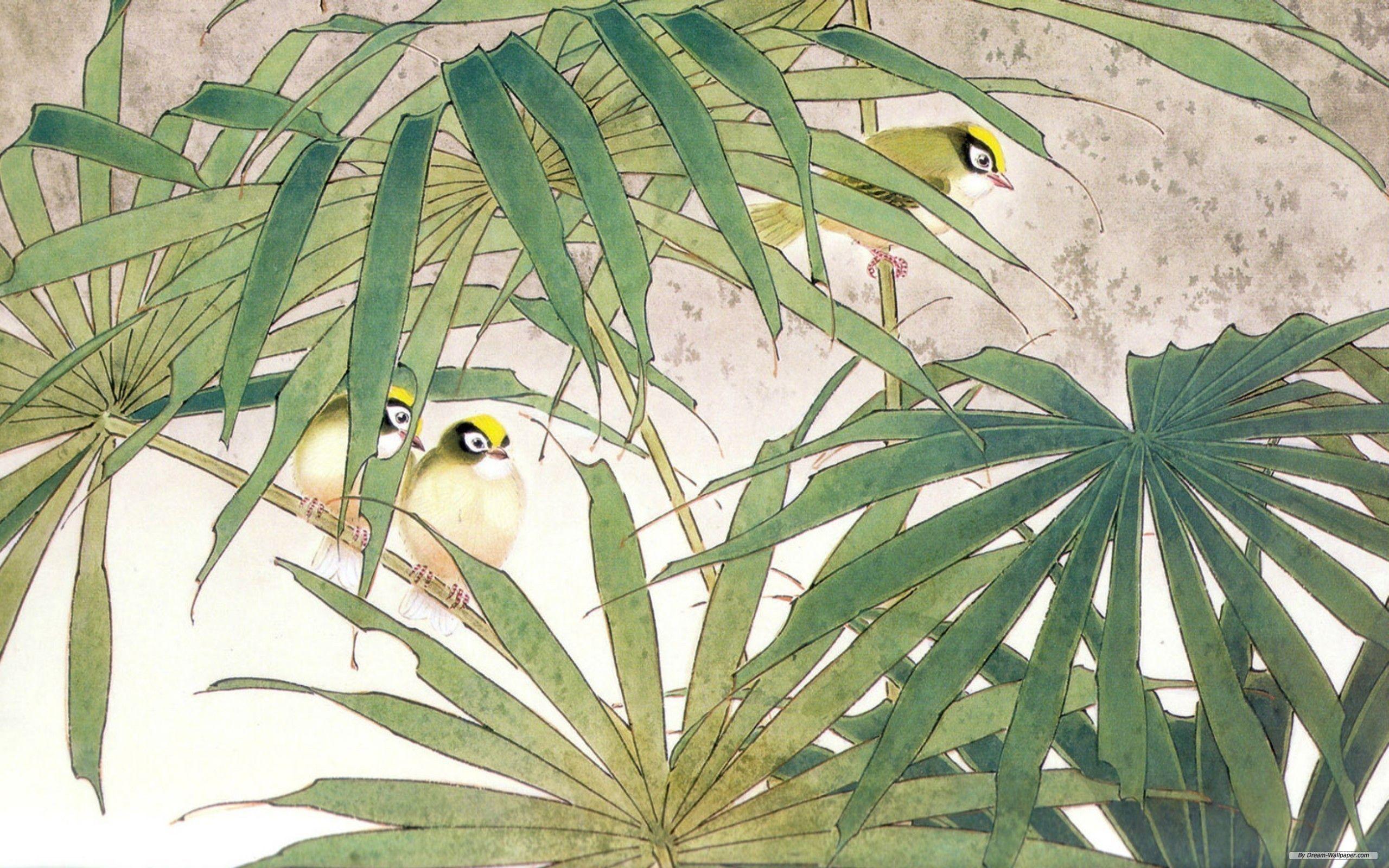 2560x1600 The family of birds in the bush, Japanese painting Desktop
