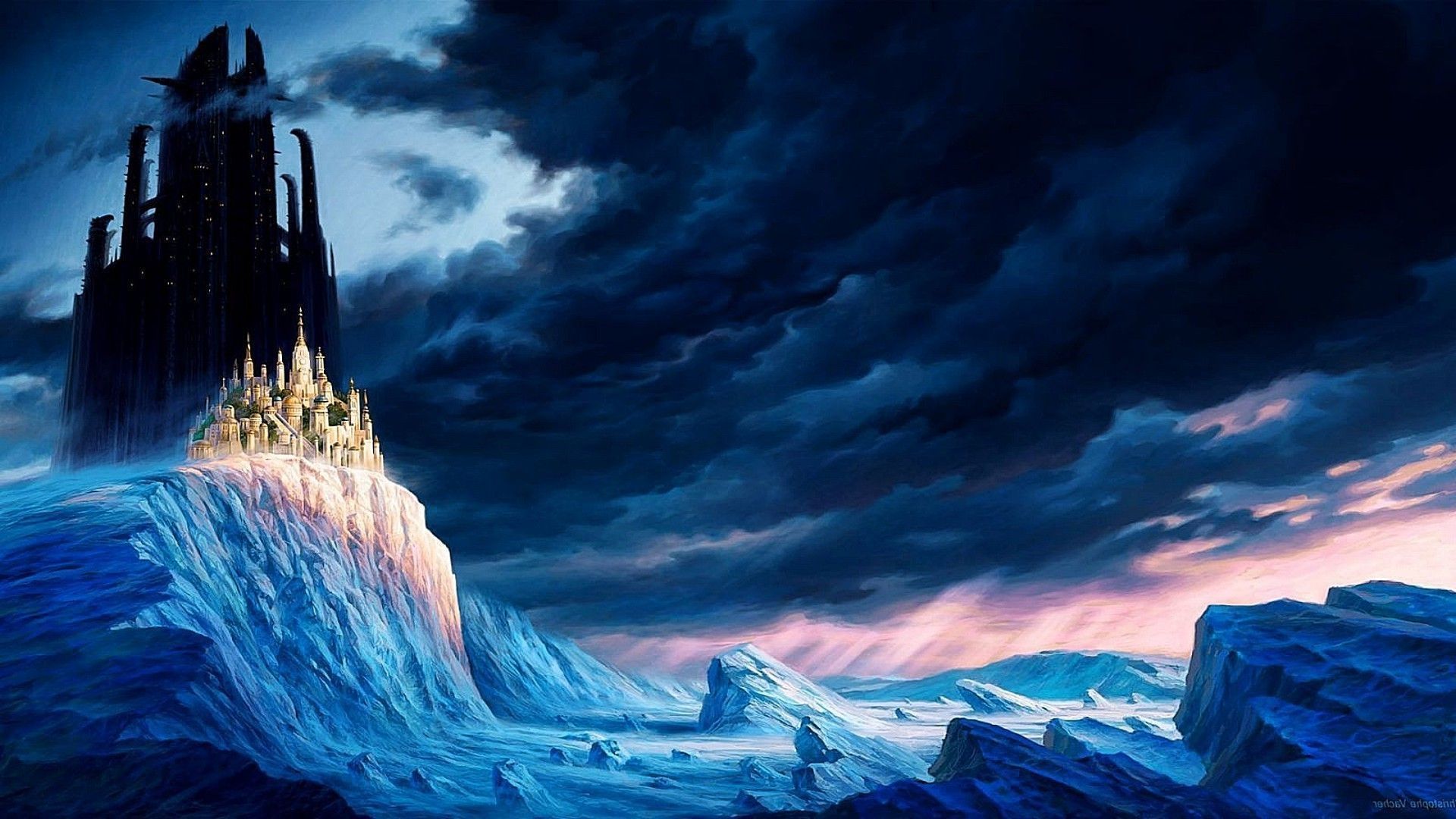 1920x1080 Dawn over a castle in a magical land