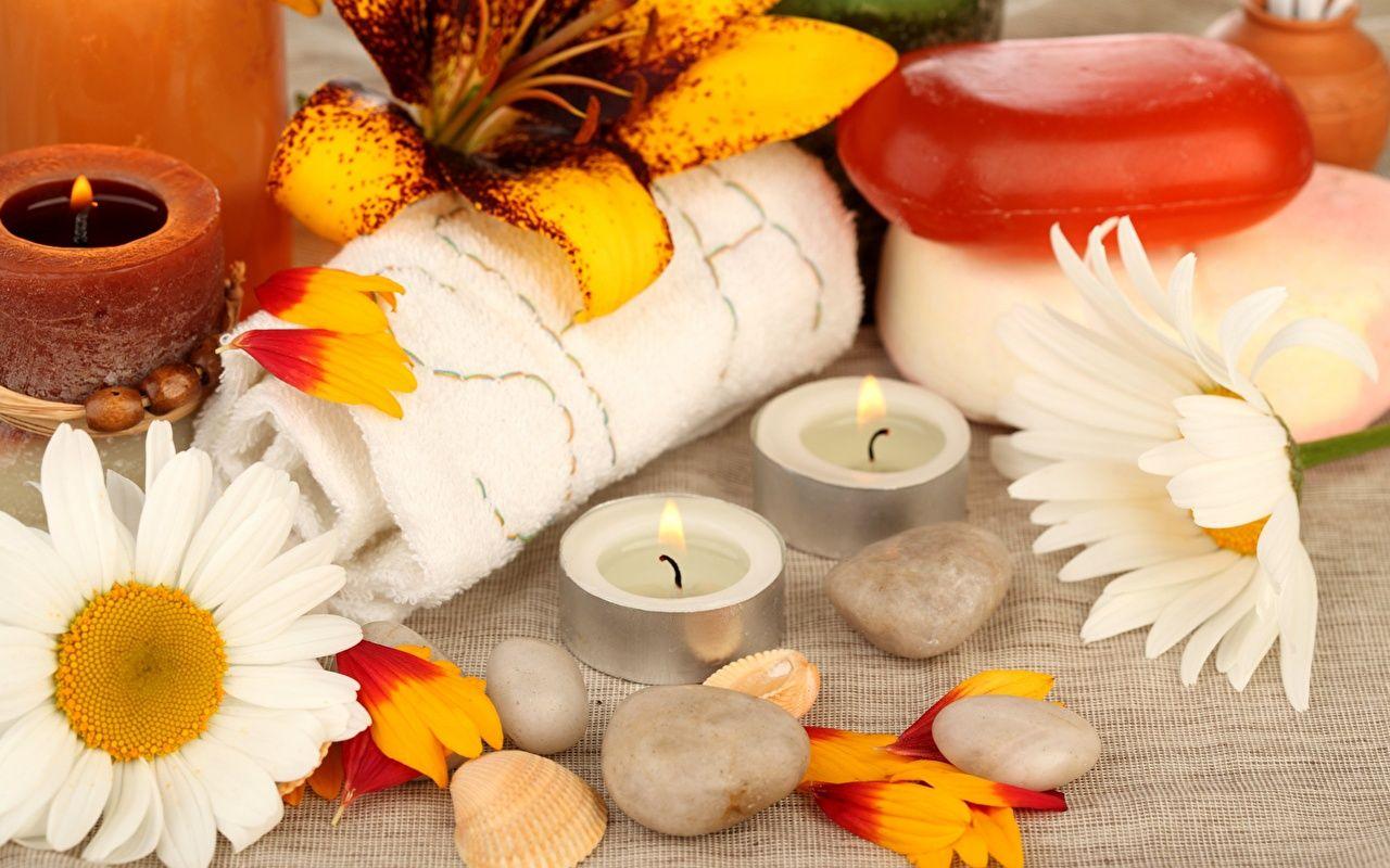 1280x800 Image Spa Flowers matricaria Towel Stones Candles
