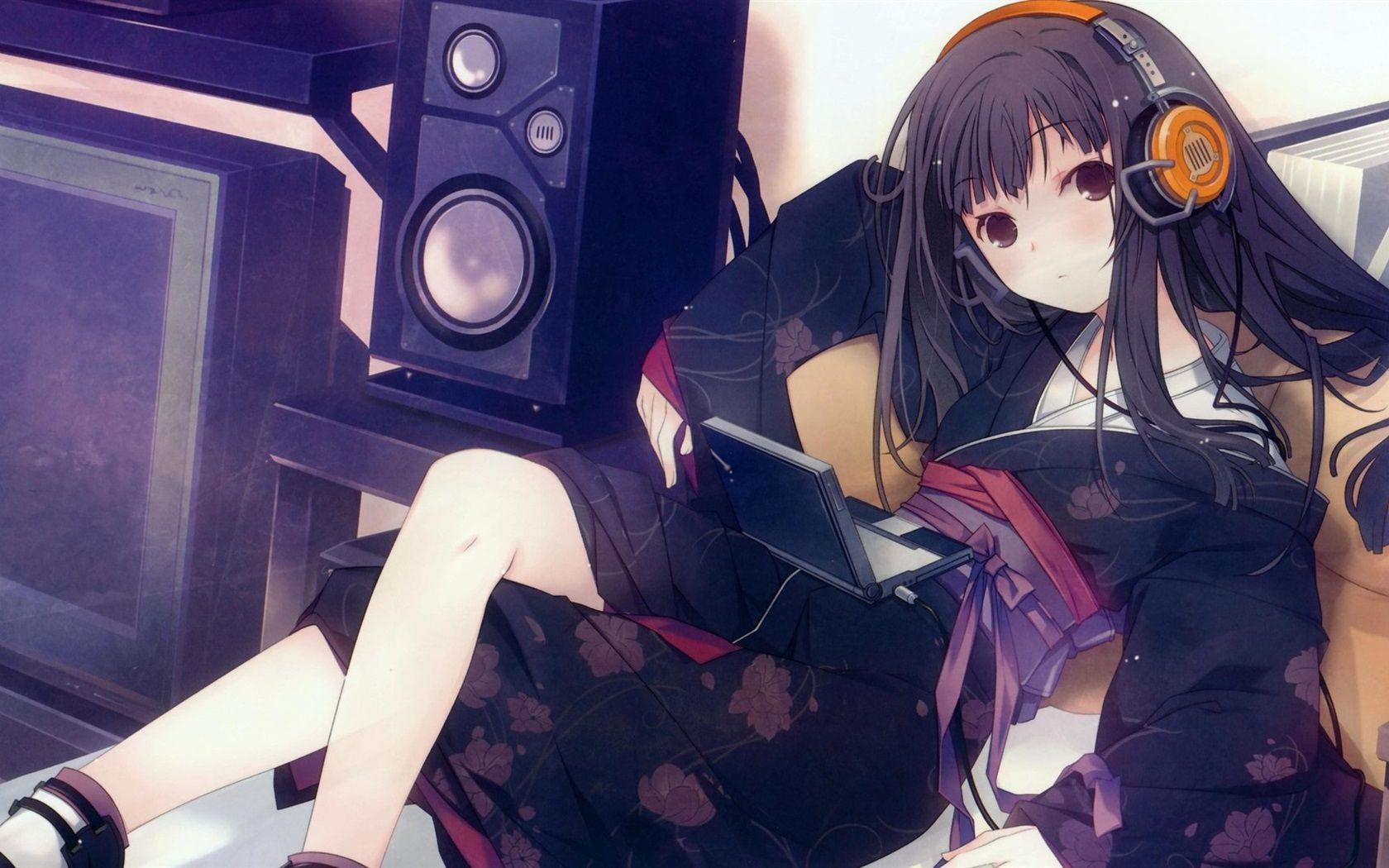 Hình nền 1680x1050 Cô gái anime dễ thương nghe nhạc, sử dụng máy tính xách tay 1920x1080