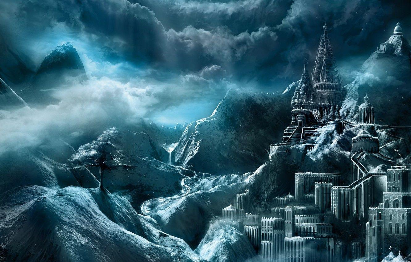 1332x850 Wallpaper clouds, mountains, the city, castle, tree, heaven