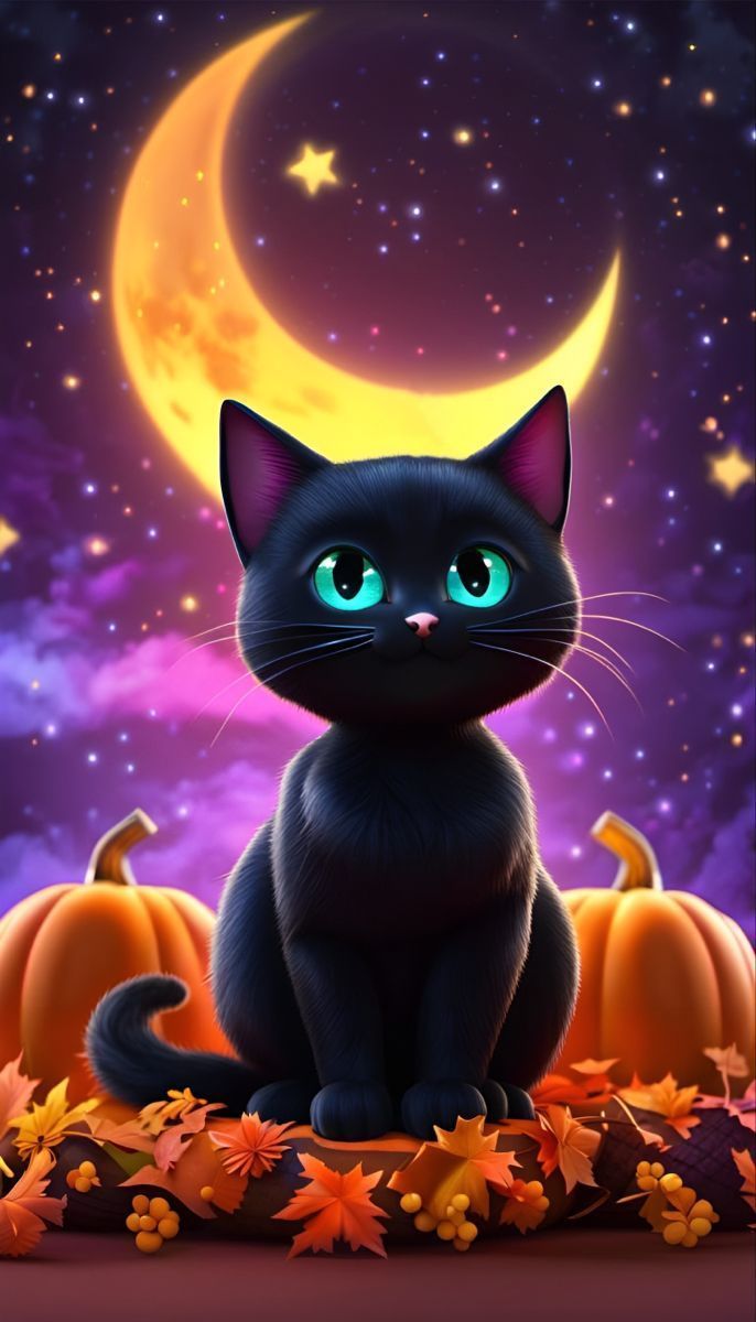 686x1200 Cute black cat under a crescent moon