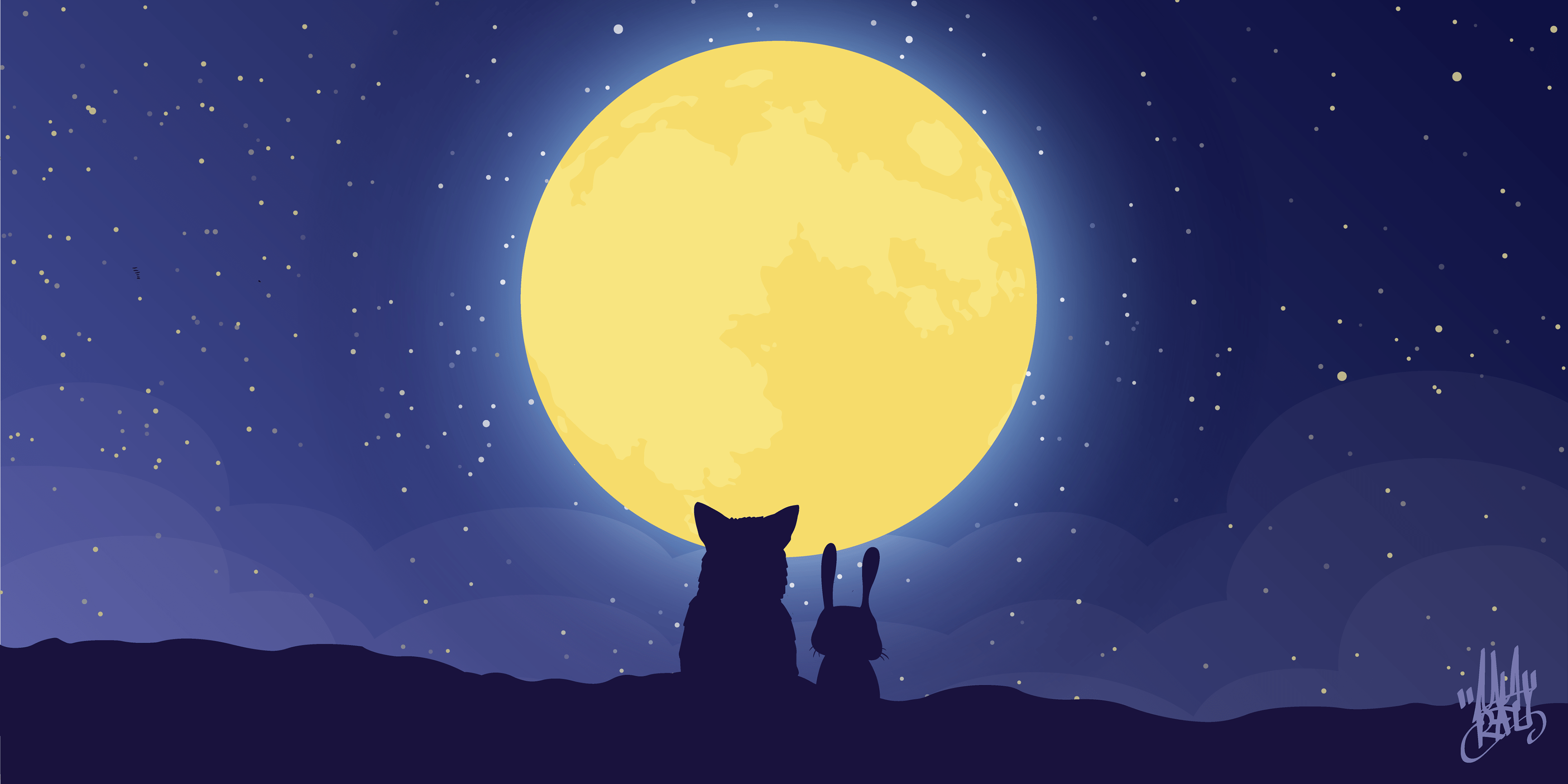 3840x1920 Wallpaper Fox, Rabbit, Moon, Stars, La La Land, HD, Creative