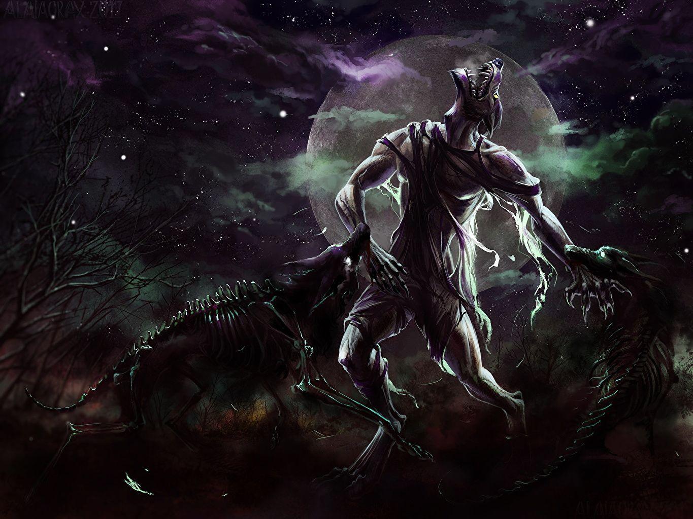1365x1024 Desktop Wallpaper wolf monster lycanthrope Fantasy Skeleton Moon