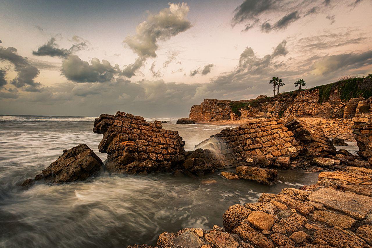 1280x853 Desktop Wallpaper Israel Haifa Sea Crag Nature Coast Evening