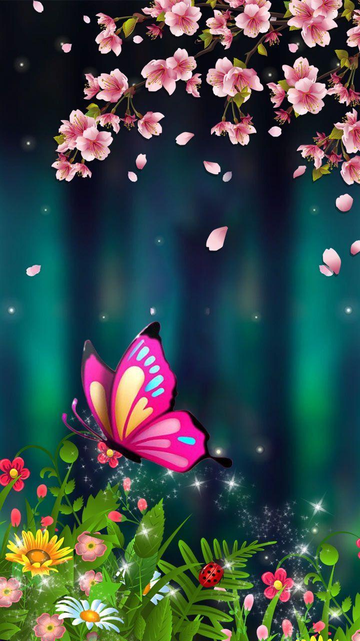 720x1280 Art of neon colors. Purple pink butterfly in a cherry