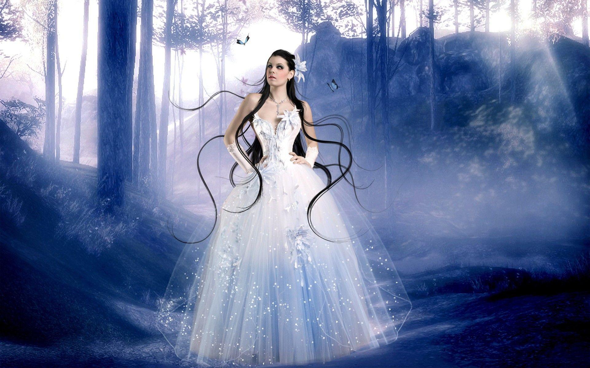 1920x1200 Trees, Women, Girl, Butterfly, Females, Gown, Forest, Corset