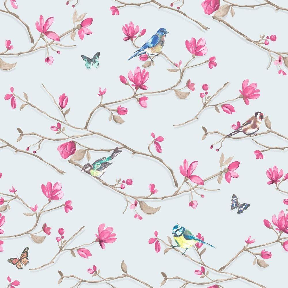 1000x1000 Blue Pink Flower Floral Birds Butterfly Wallpaper Paste