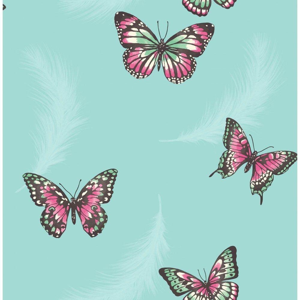 1000x1000 Fine Decor Butterflies Feather Wallpaper Teal (FD40919)