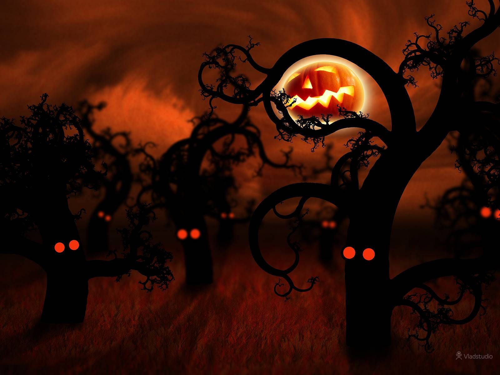 1600x1200 Dark Halloween Tree Eyes Wallpaper
