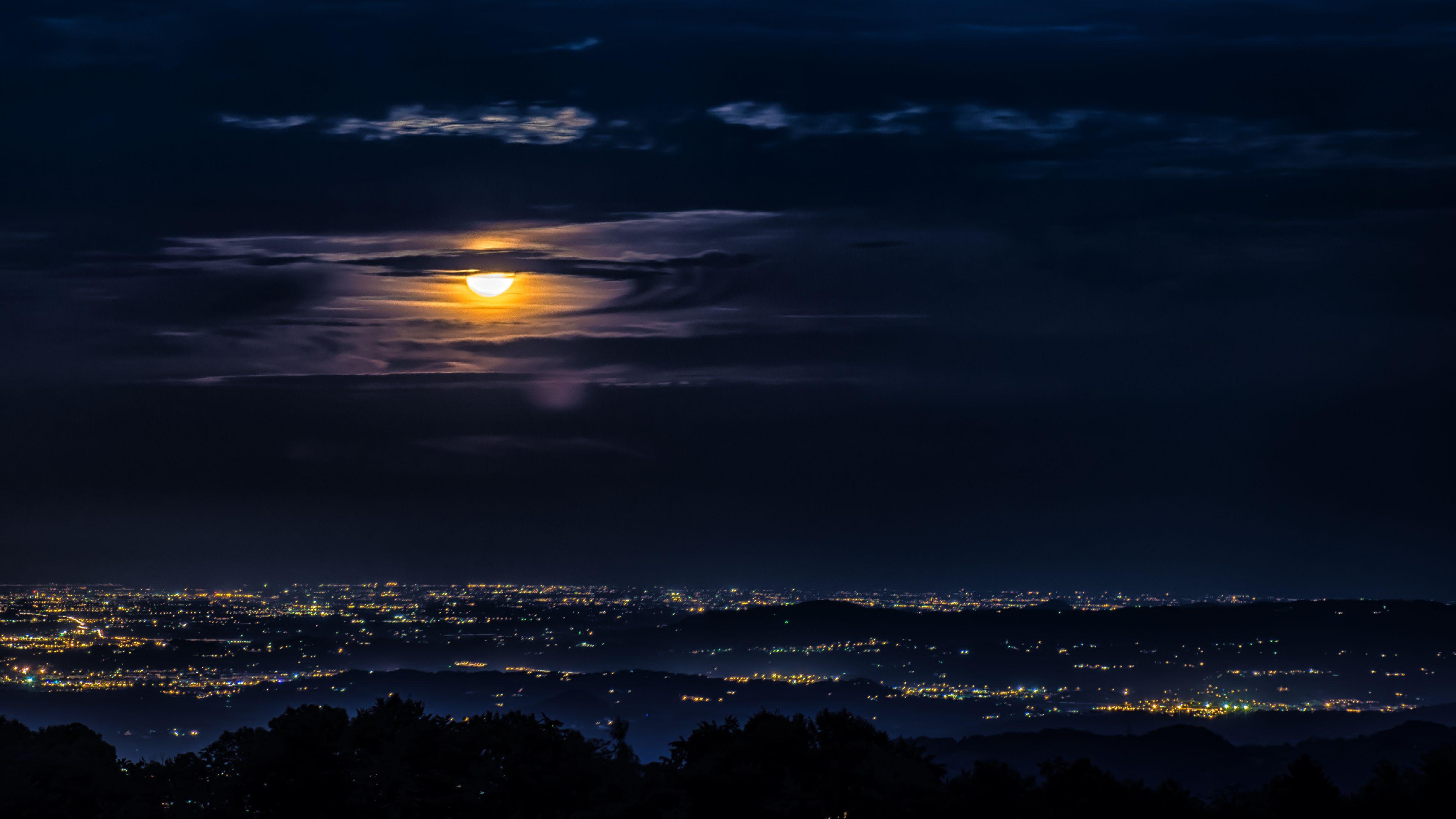 3840x2160 Moon Clouds Night City View 4k, HD Photography, 4k