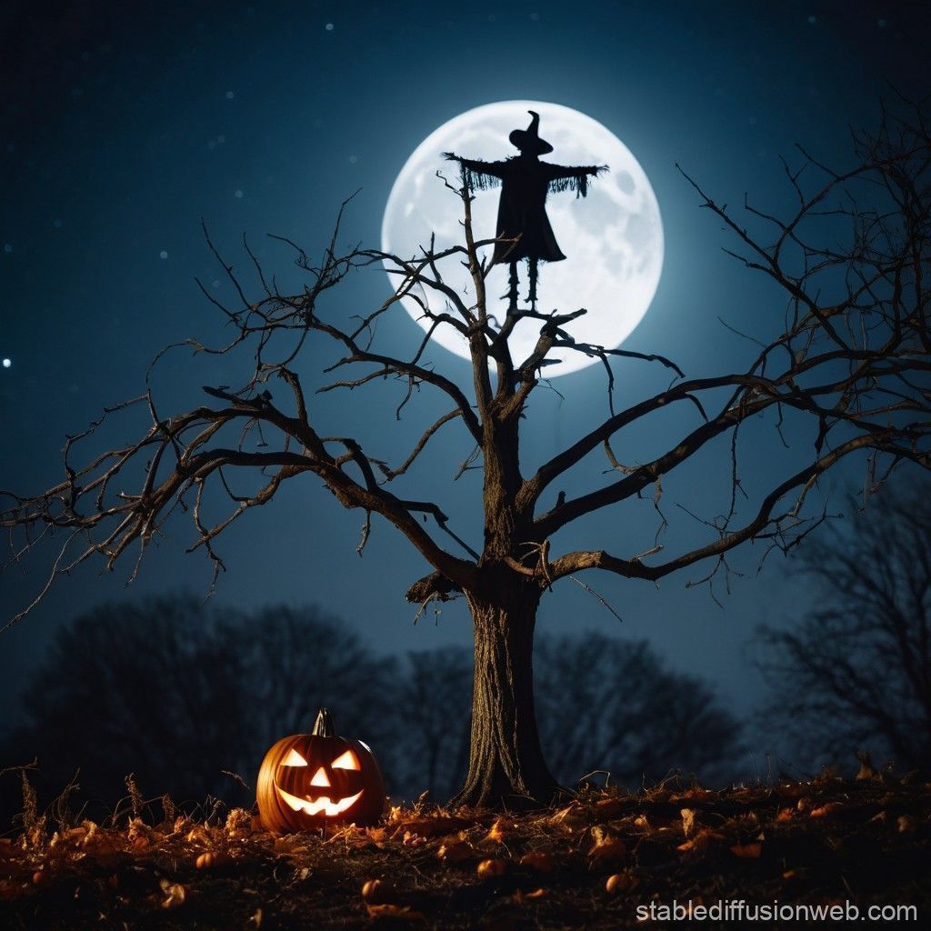 1024x1024 Halloween Tree under Full Moon. Stable
