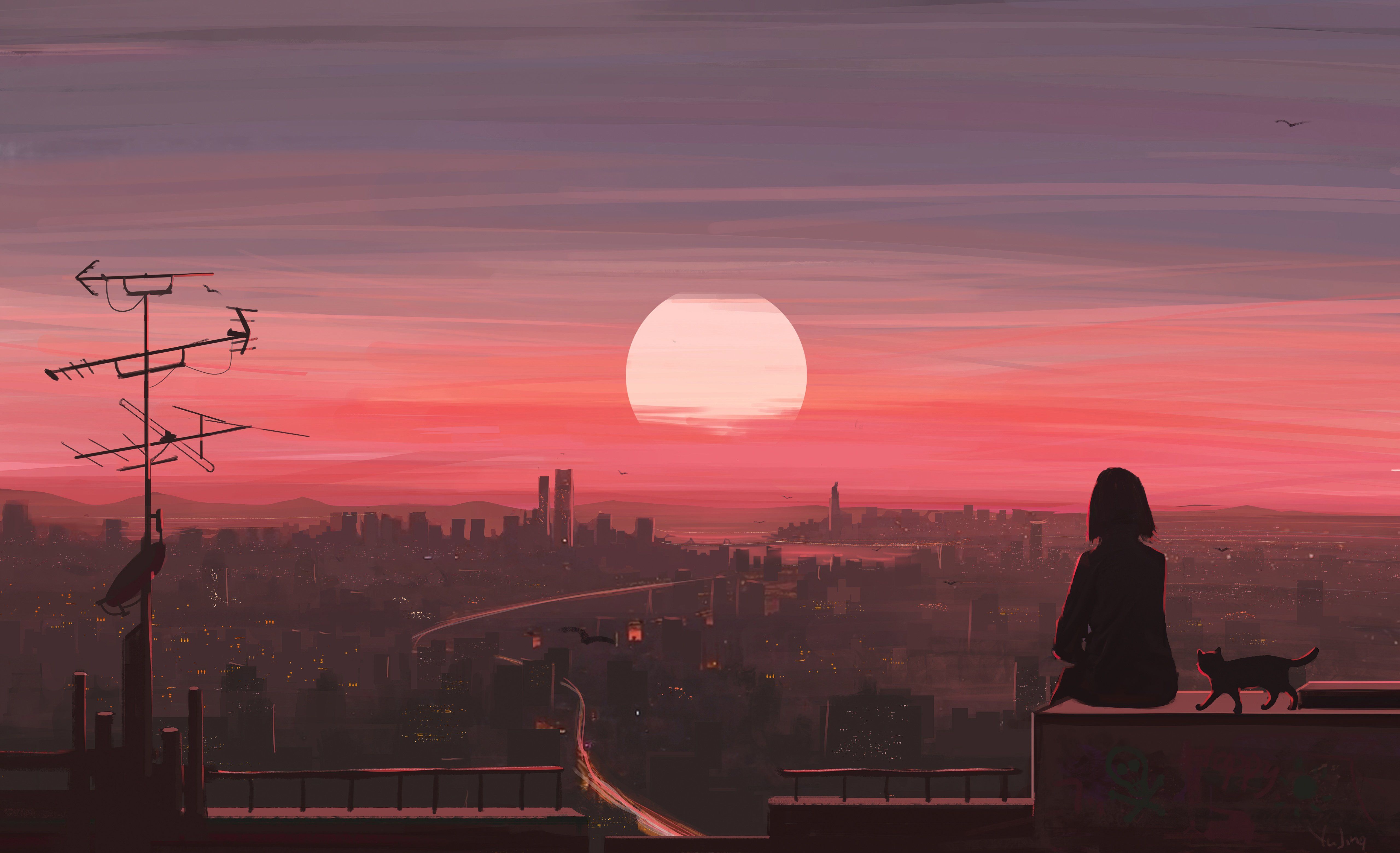 5120x3120 Lofi girl looking at sunset Aesthetic Wallpaper 4K for Desktop