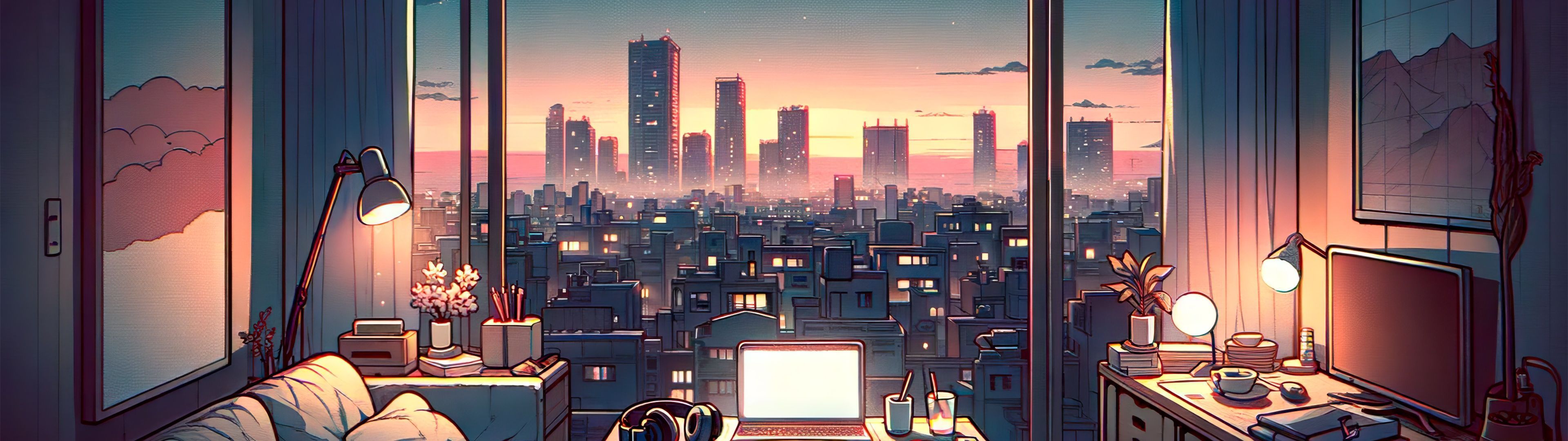 3840x1080 Lofi Wallpaper 4K, Room, Cityscape, Urban