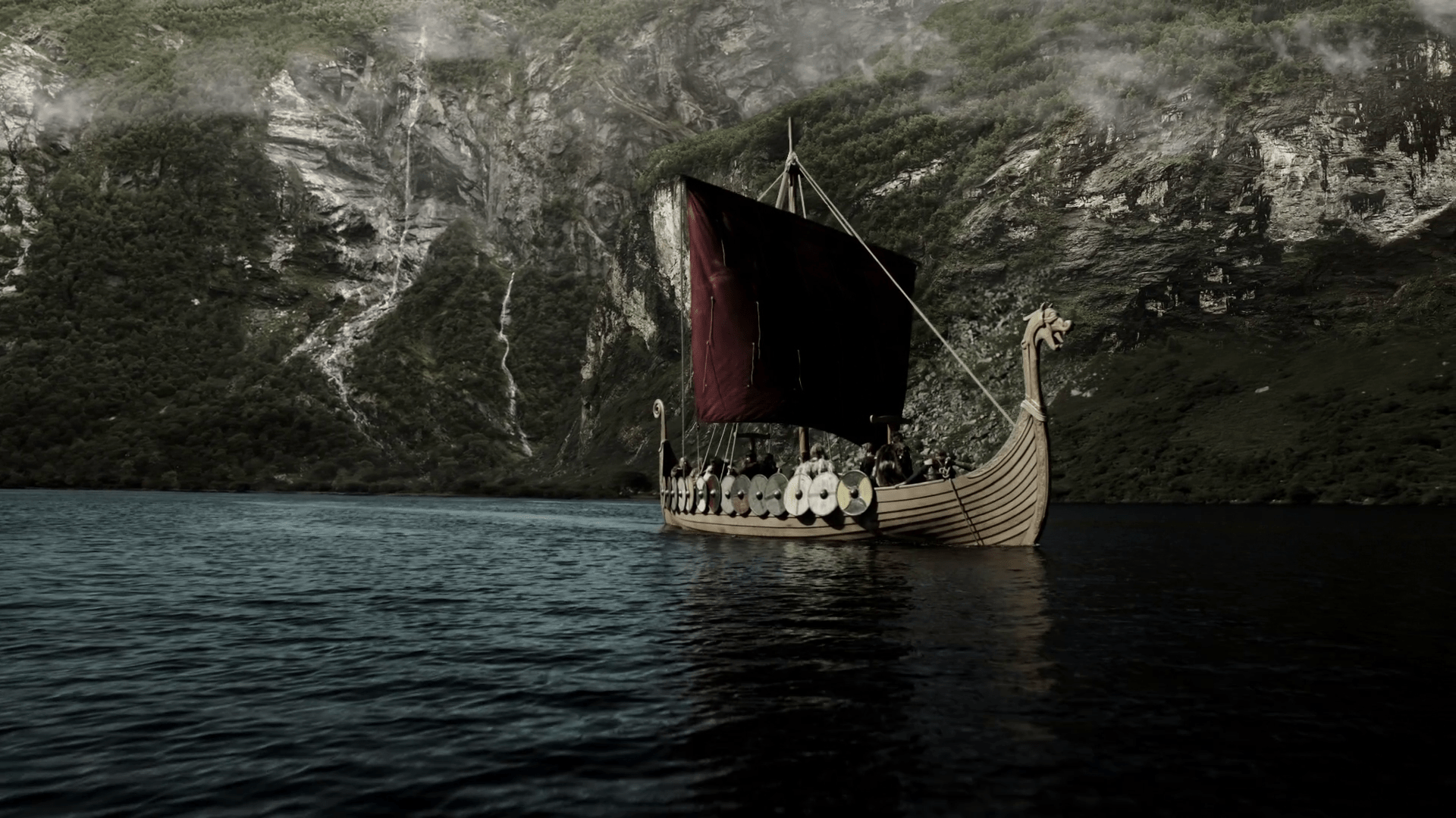 1920x1080 nordic ship image. Red sail of a Viking ship wallpaper