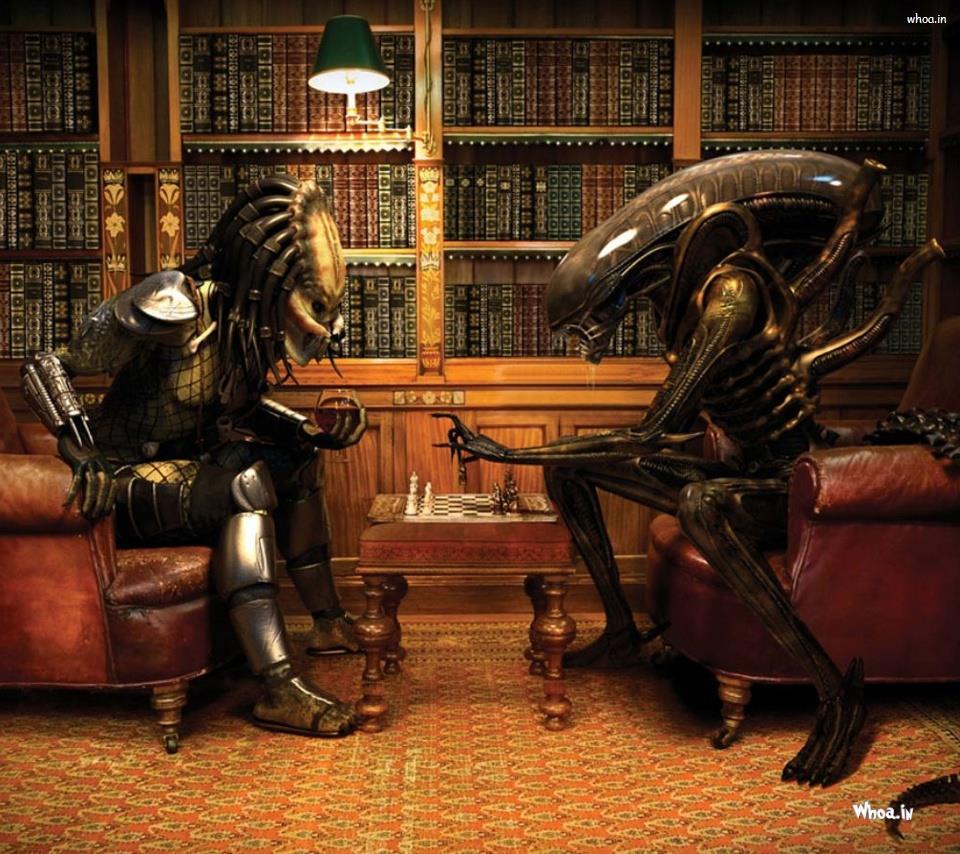 960x854 Alien Vs Predator Play Chess Funny HD Wallpaper