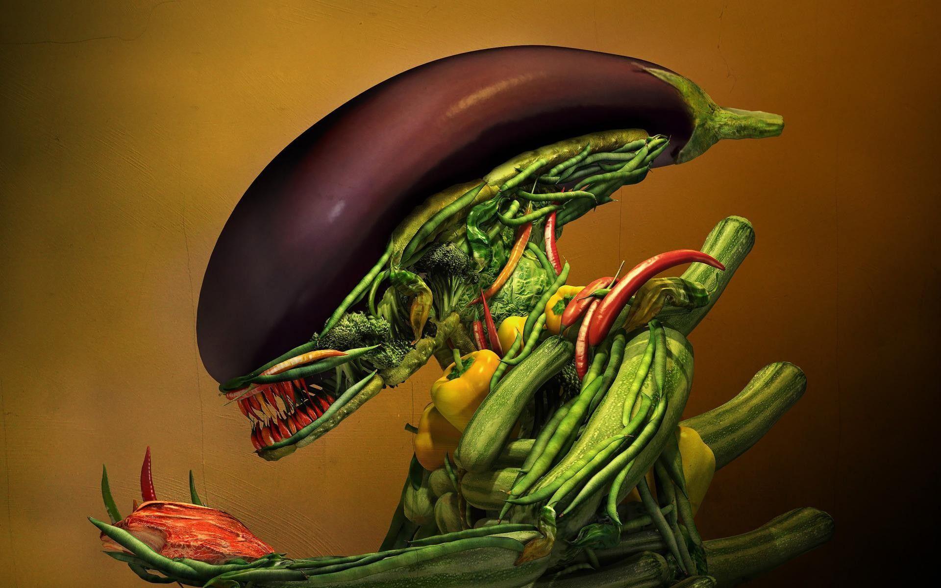 1920x1200 Vegetables vegetable artwork Alien Aliens eggplants