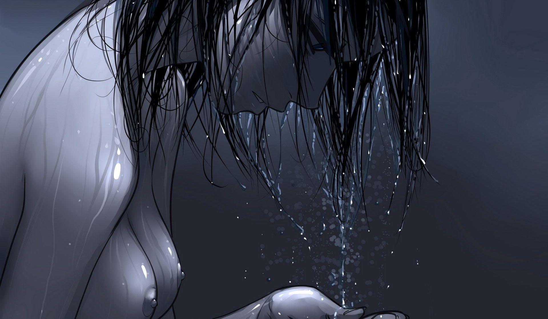 1920x1116 Models Wet Sad Monochrome Artwork Anime Girls Nipples